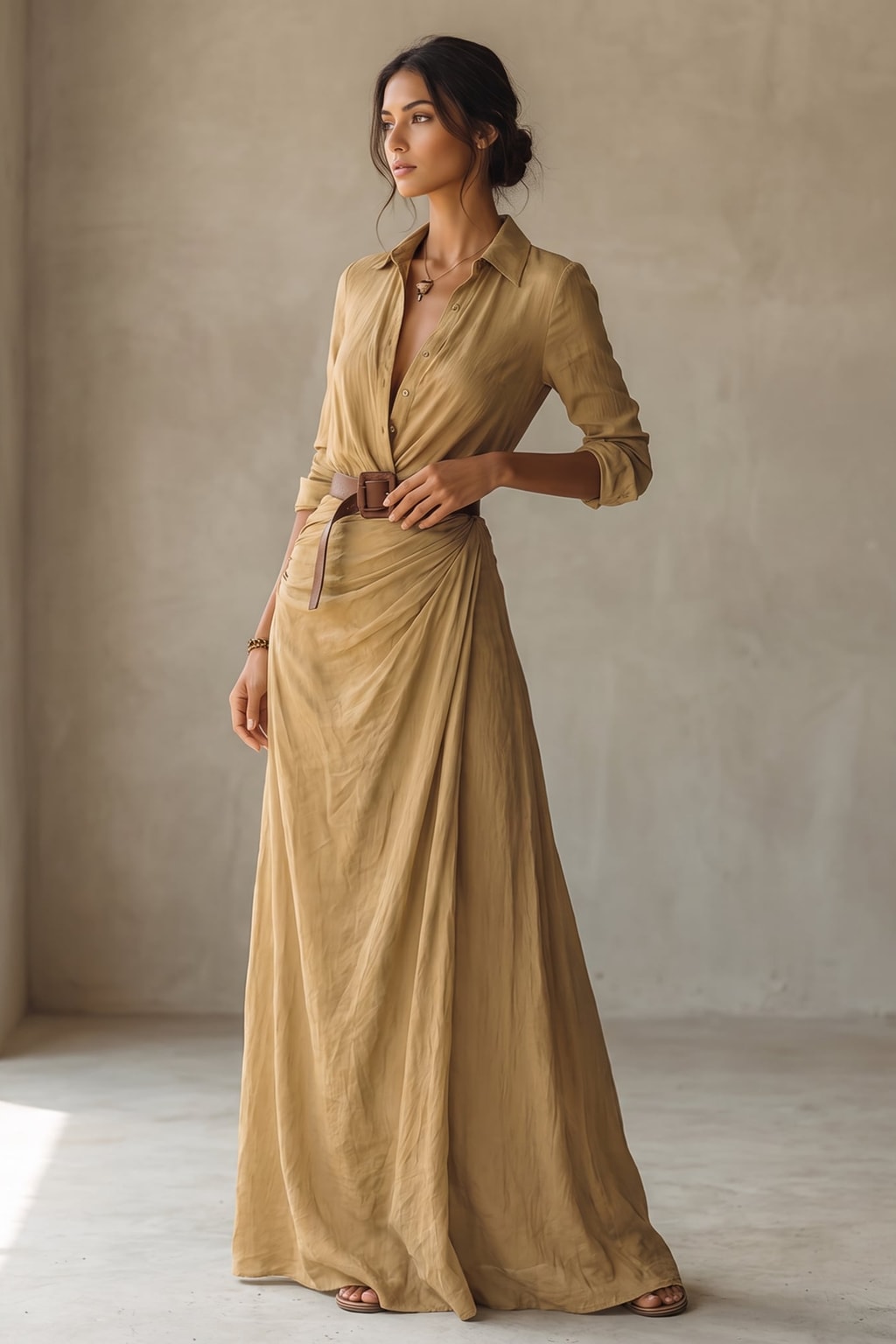 Maxi Dress With Button Front and Belt - 2