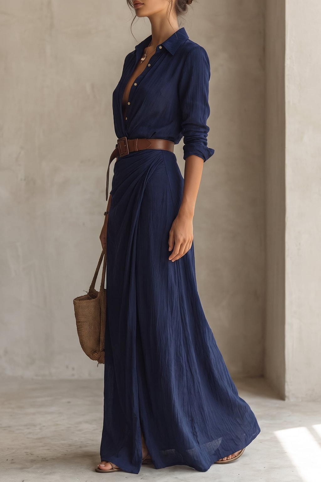 Maxi Dress With Button Front and Belt - 5