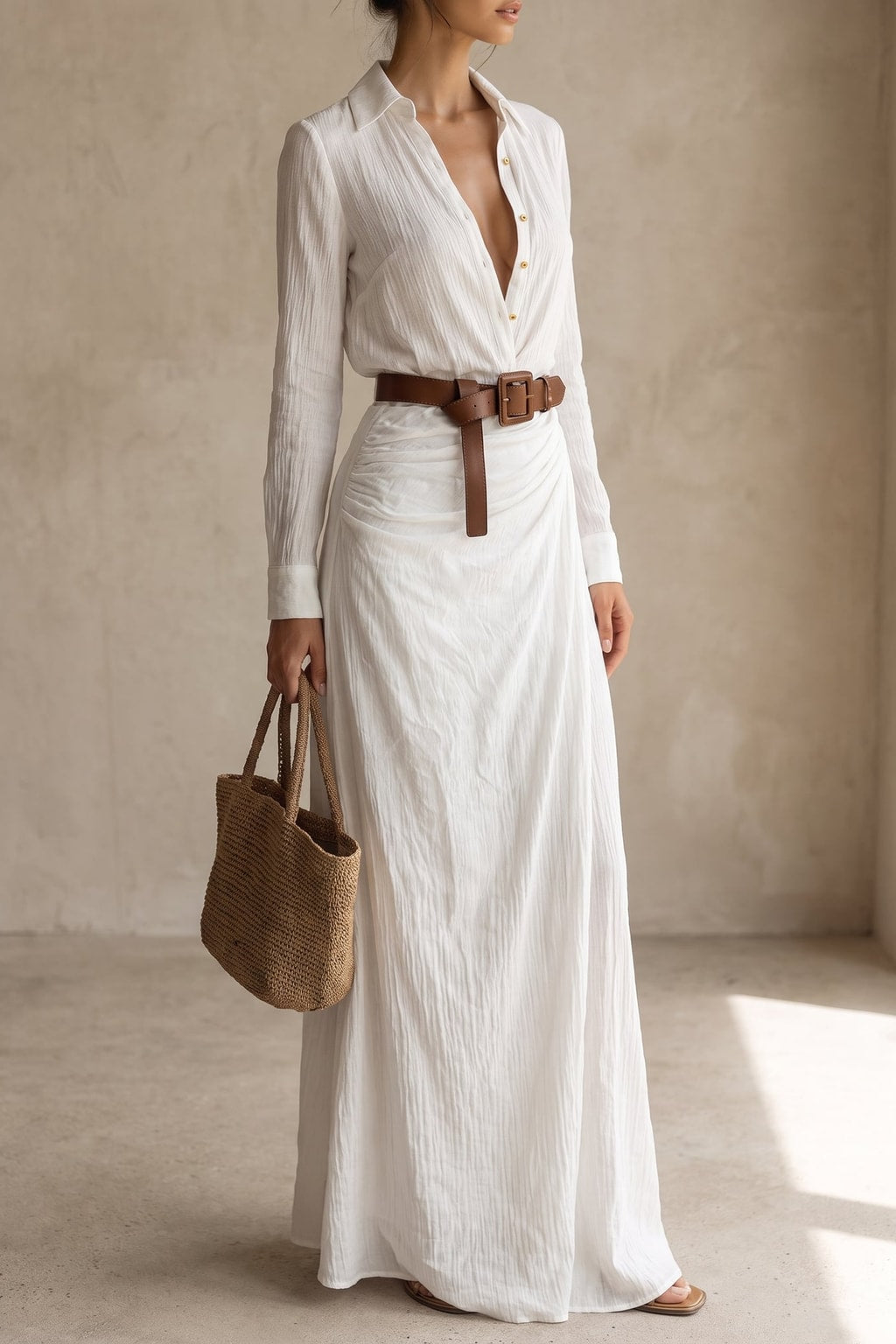 Maxi Dress With Button Front and Belt - 8