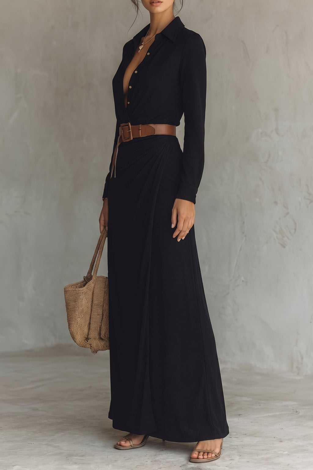 Maxi Dress With Button Front and Belt - 11