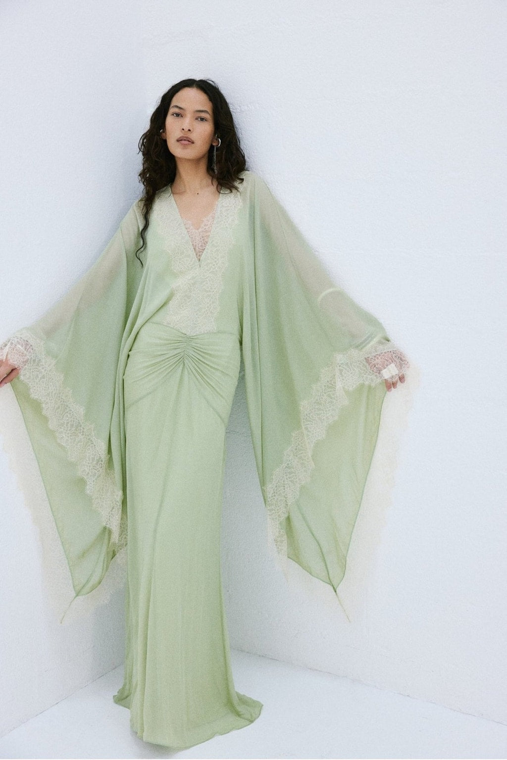 Cotton Maxi Dress with Oversized Batwing Sleeves - 8