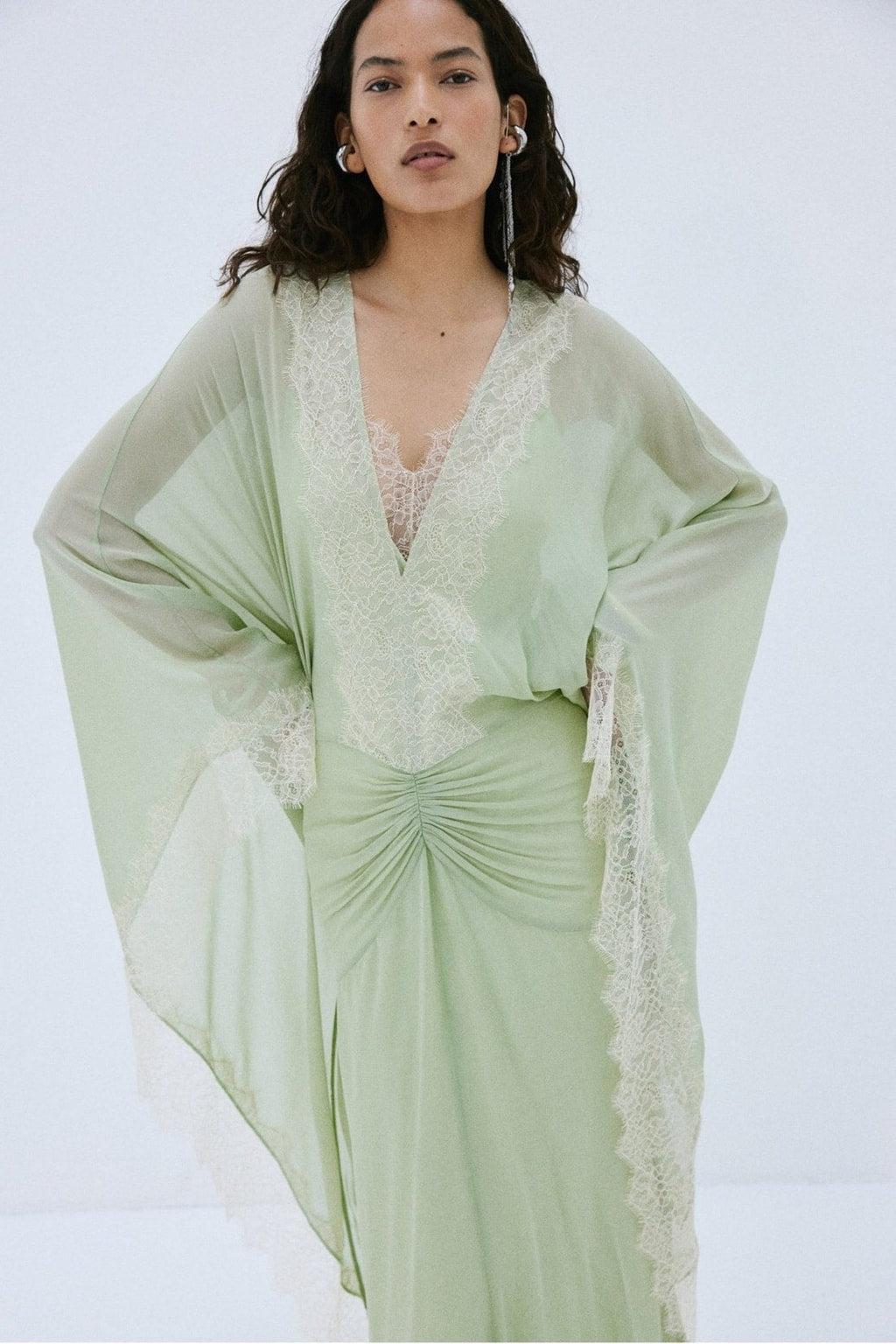 Cotton Maxi Dress with Oversized Batwing Sleeves - 3