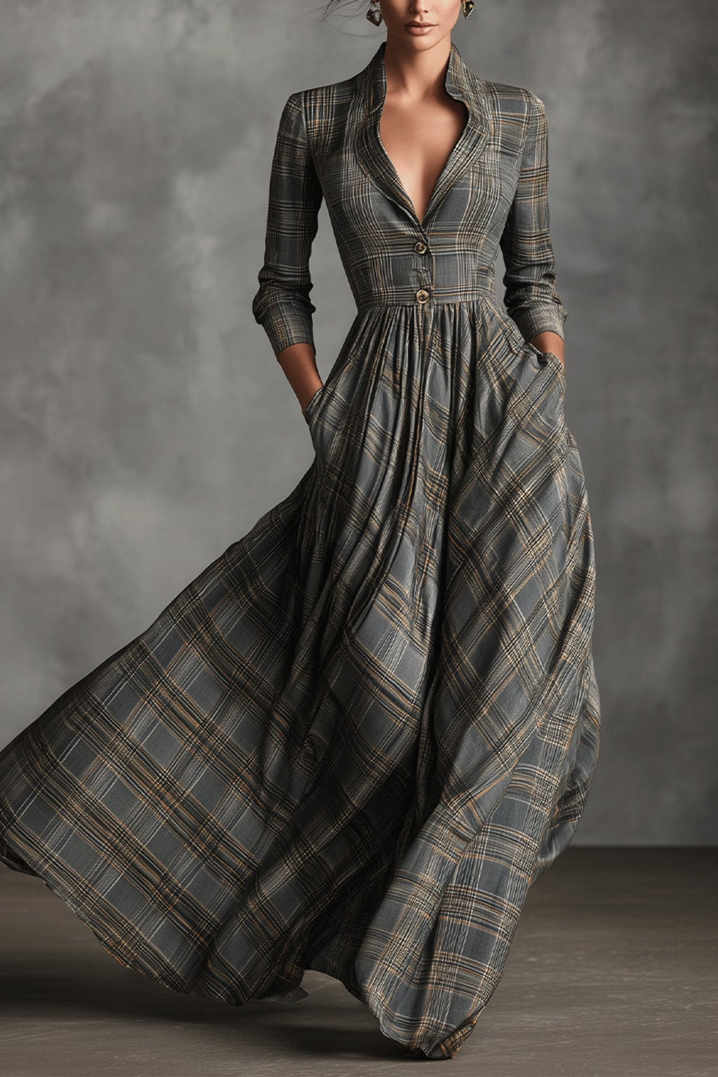 Effortless Linen-Blend Maxi Dress With Flared Tartan Skirt - 3