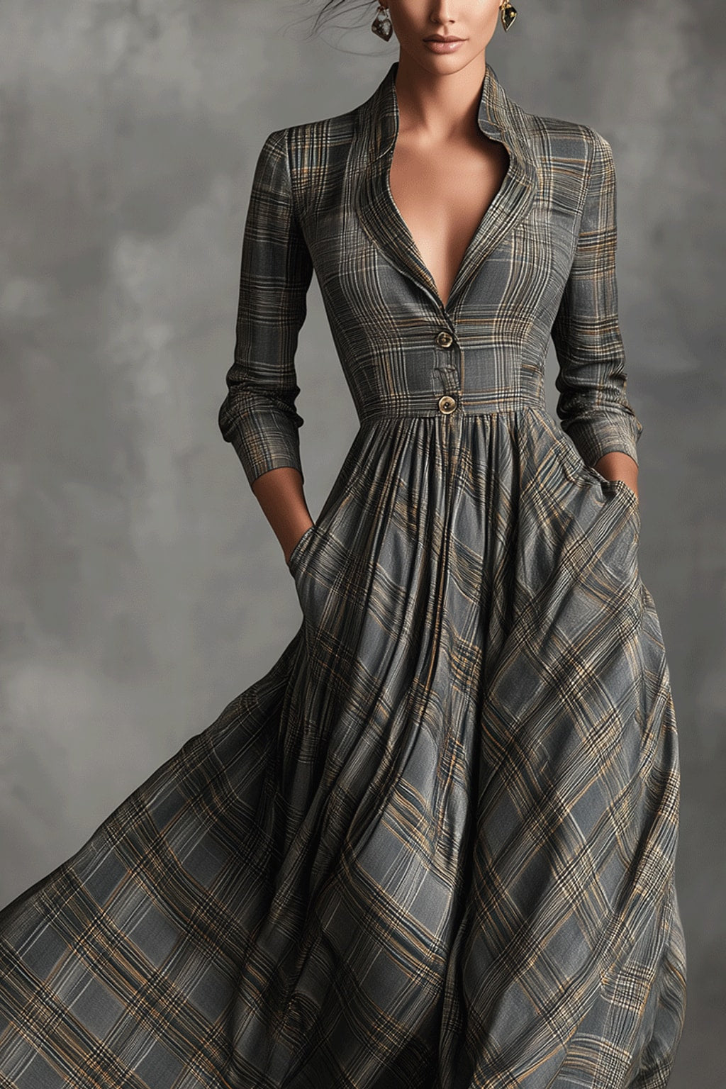 Effortless Linen-Blend Maxi Dress With Flared Tartan Skirt - 4