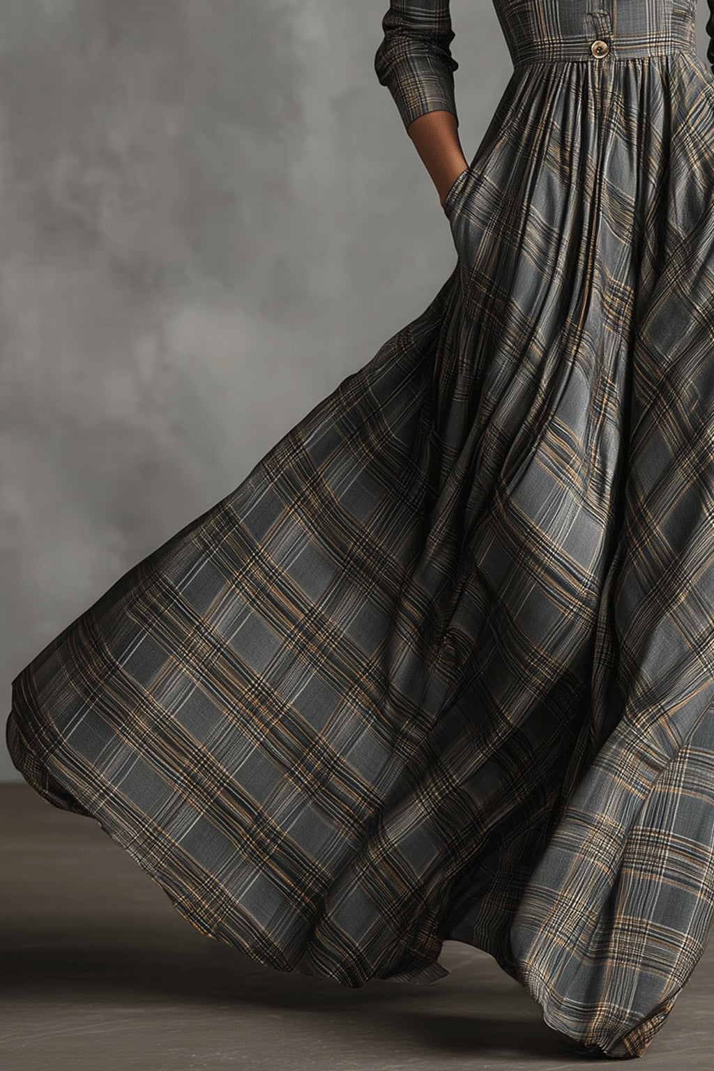 Effortless Linen-Blend Maxi Dress With Flared Tartan Skirt - 5