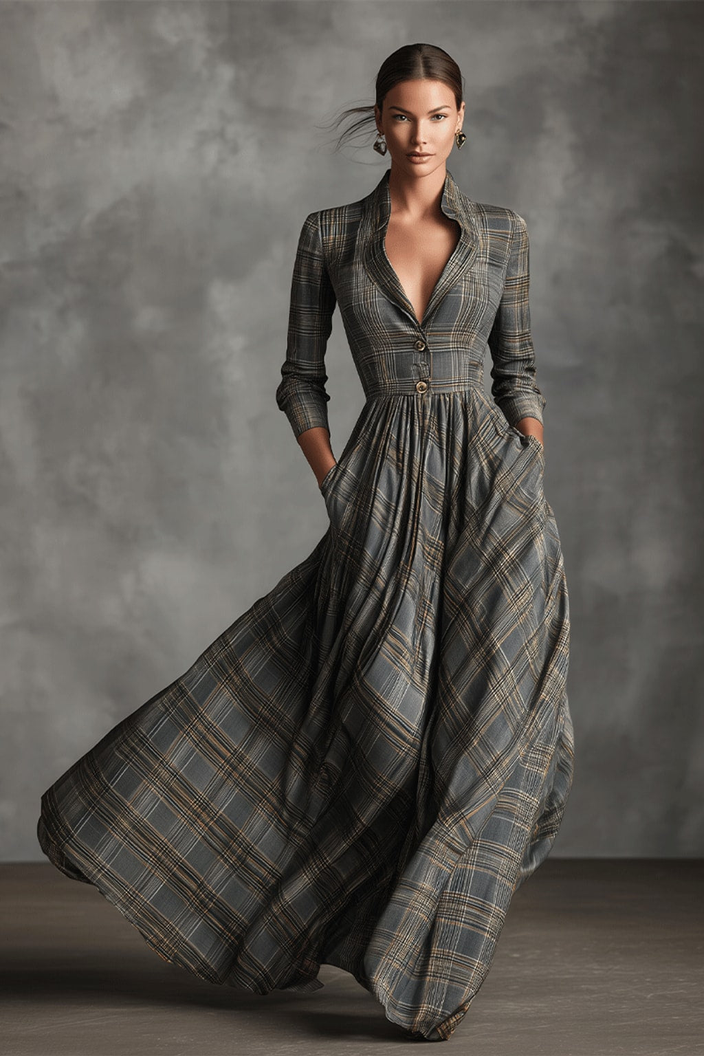 Effortless Linen-Blend Maxi Dress With Flared Tartan Skirt - 2