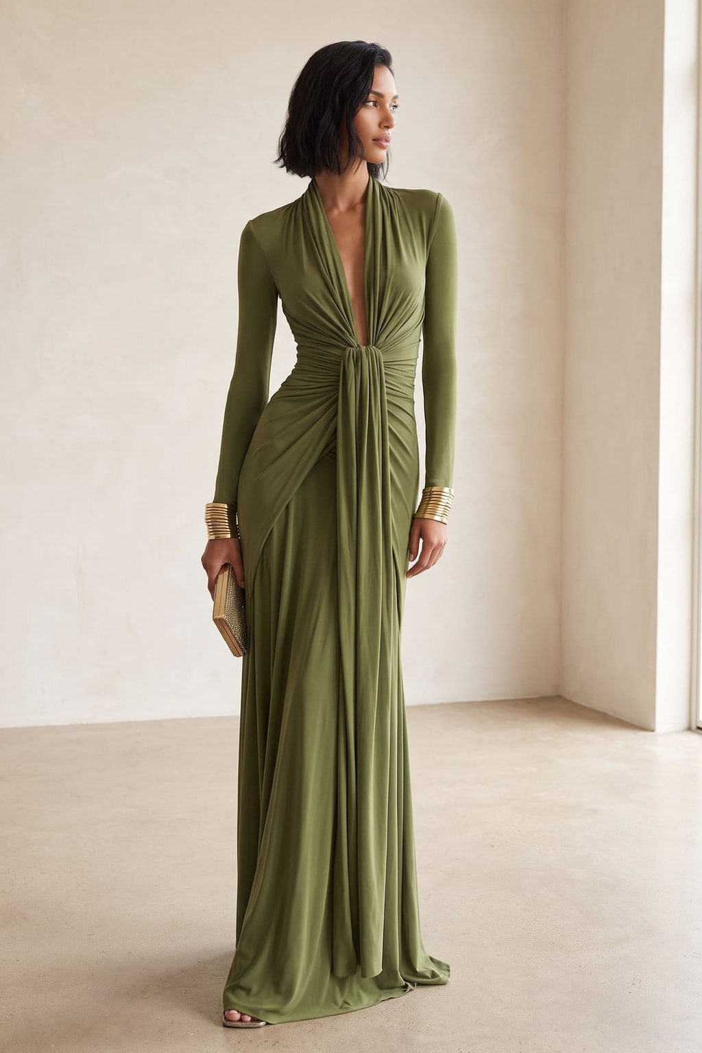 Green Silky Stretch Maxi Dress with Deep V-Neck - 2
