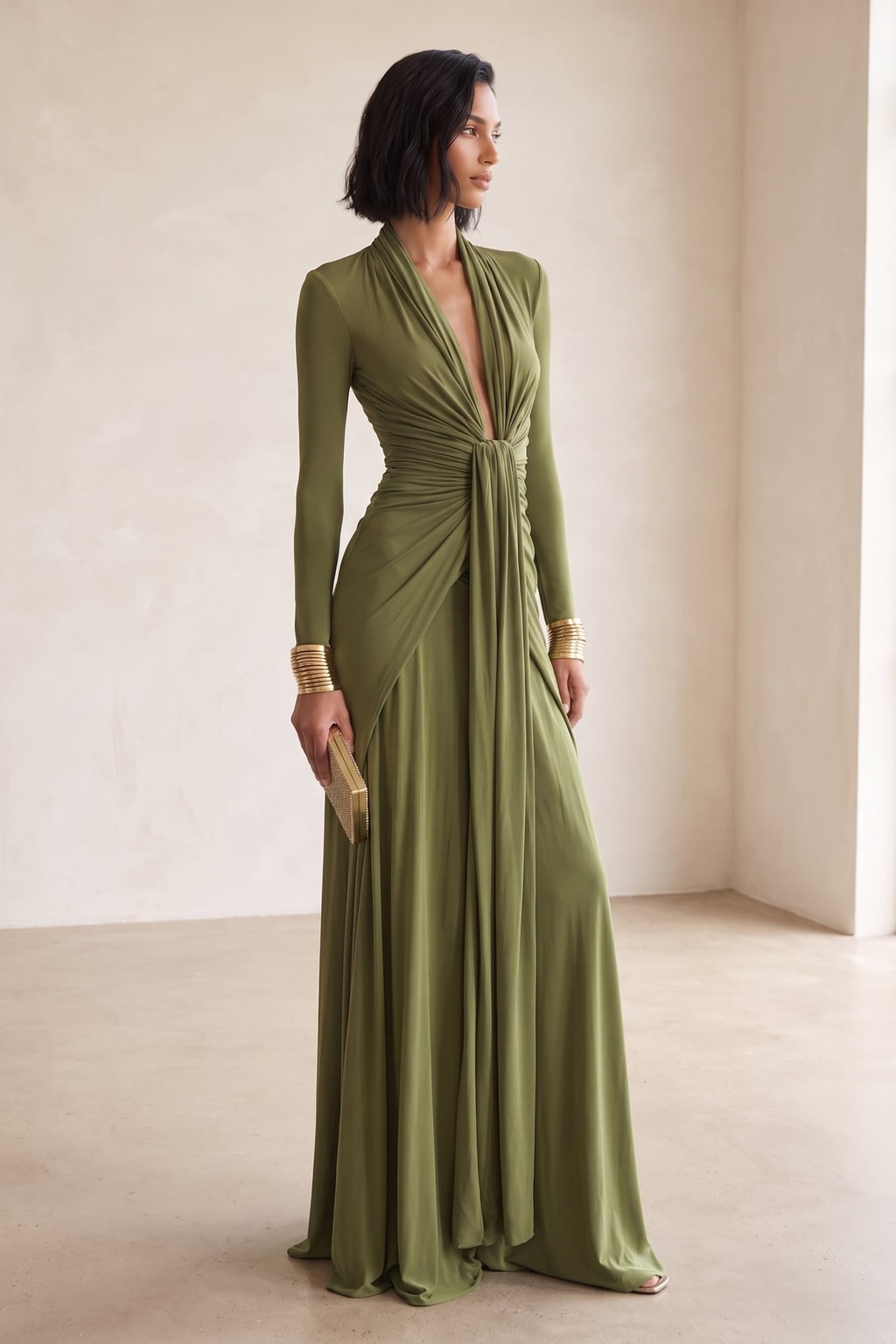Green Silky Stretch Maxi Dress with Deep V-Neck - 3