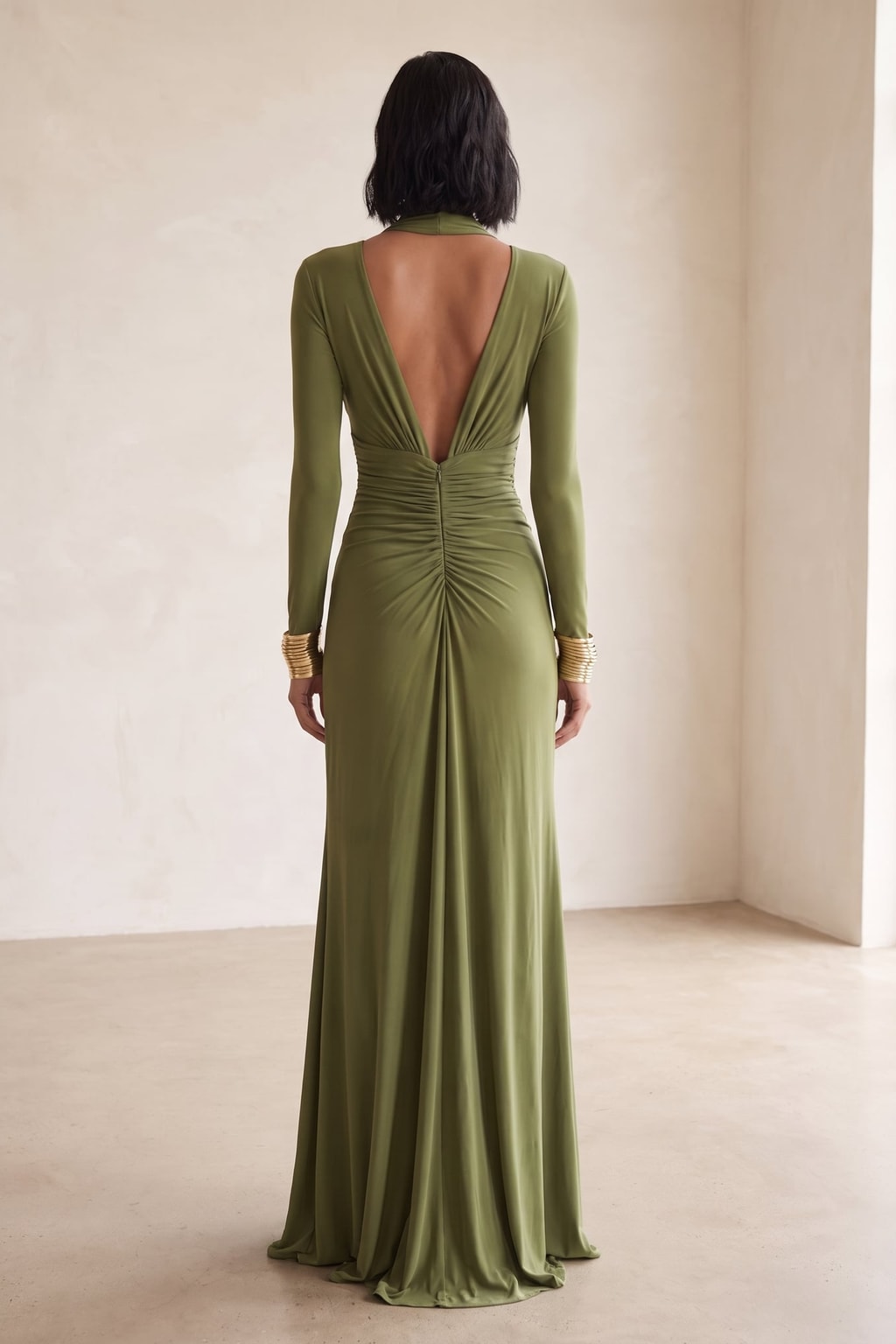 Green Silky Stretch Maxi Dress with Deep V-Neck - 4