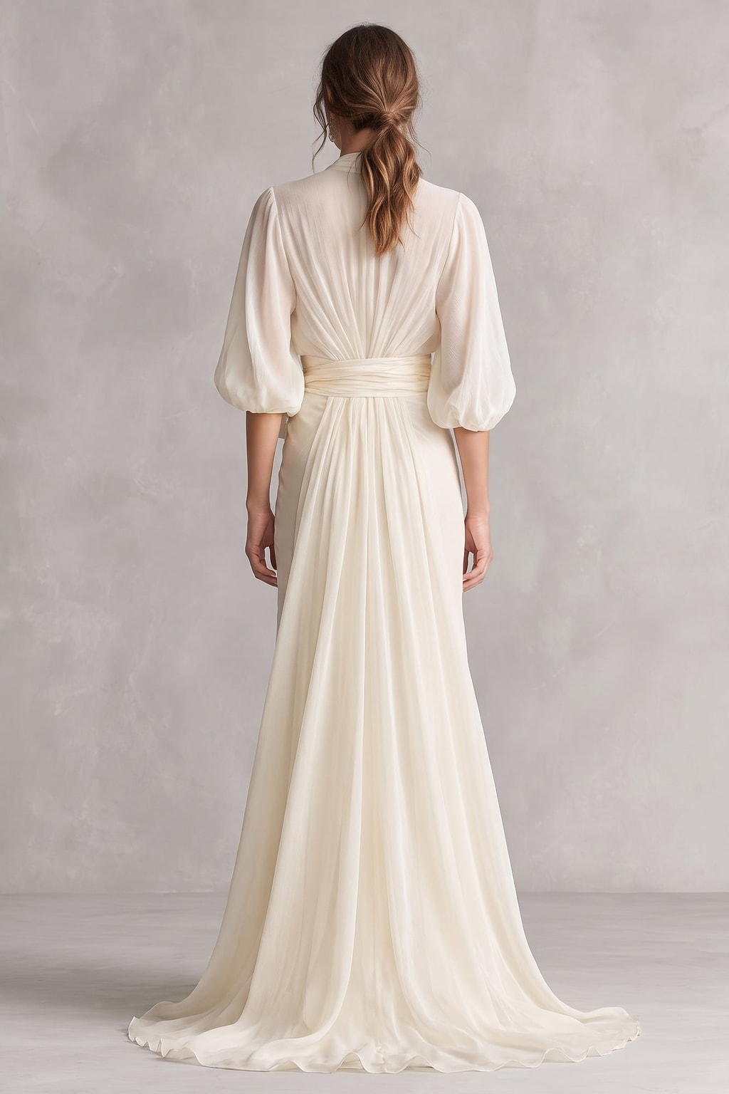Ivory Chiffon Wrap Dress With Puff Sleeves - 3