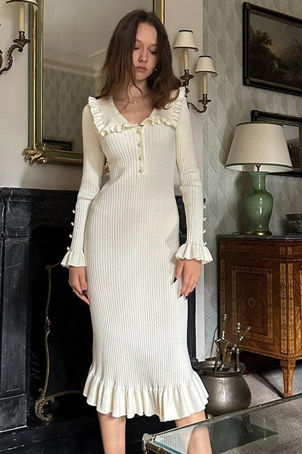 Knitwear Midi Dress With Ruffle Trim - 3