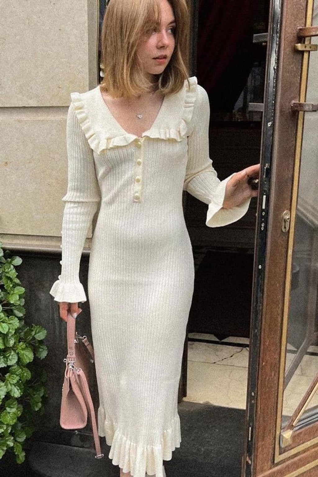 Knitwear Midi Dress With Ruffle Trim - 7