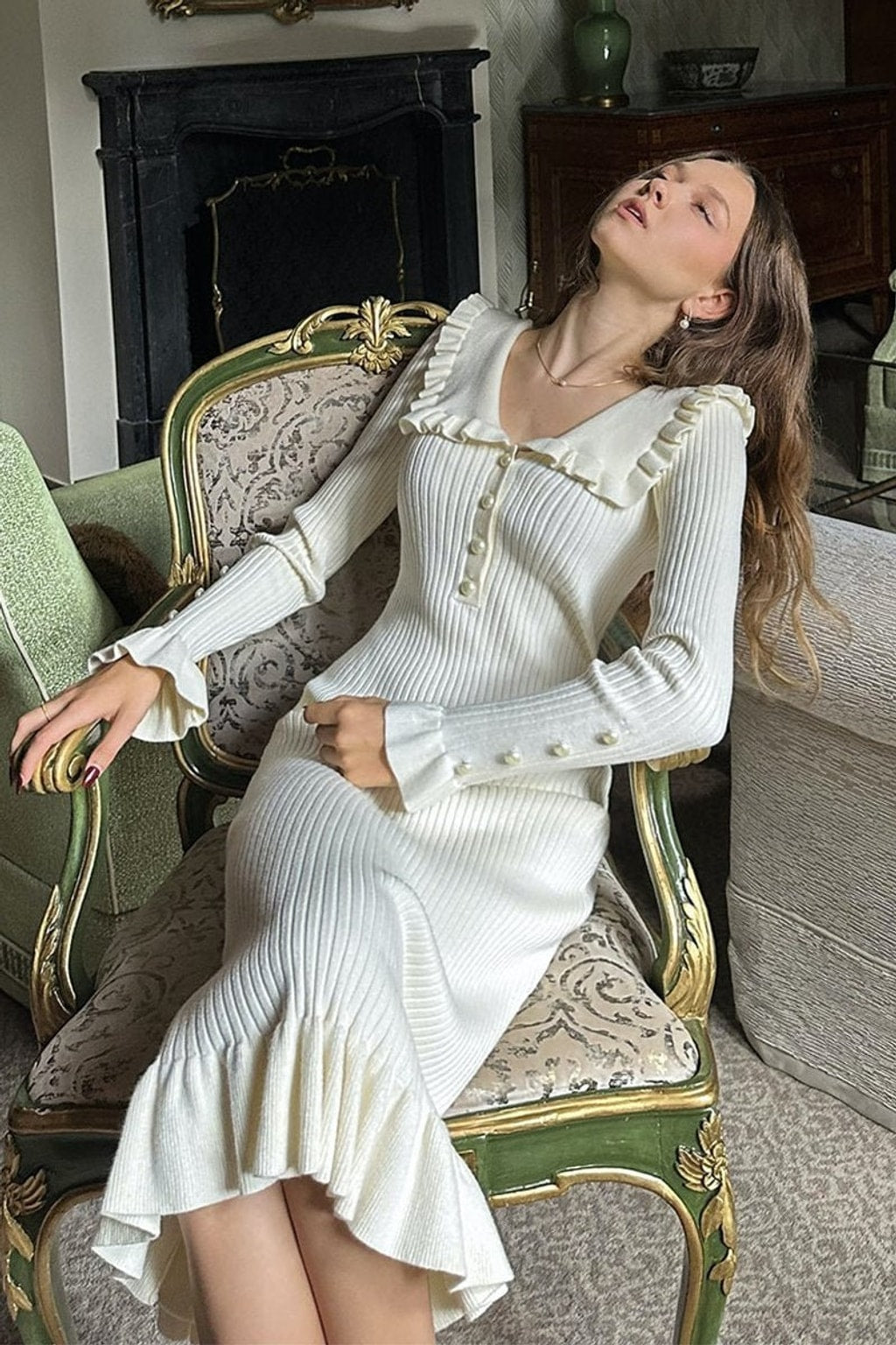 Knitwear Midi Dress With Ruffle Trim - 8
