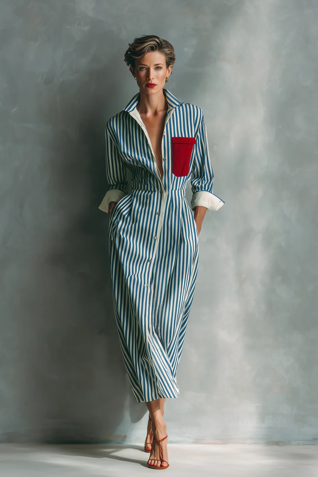 Cotton Blend Shirt Dress With Red Chest Pocket - 2