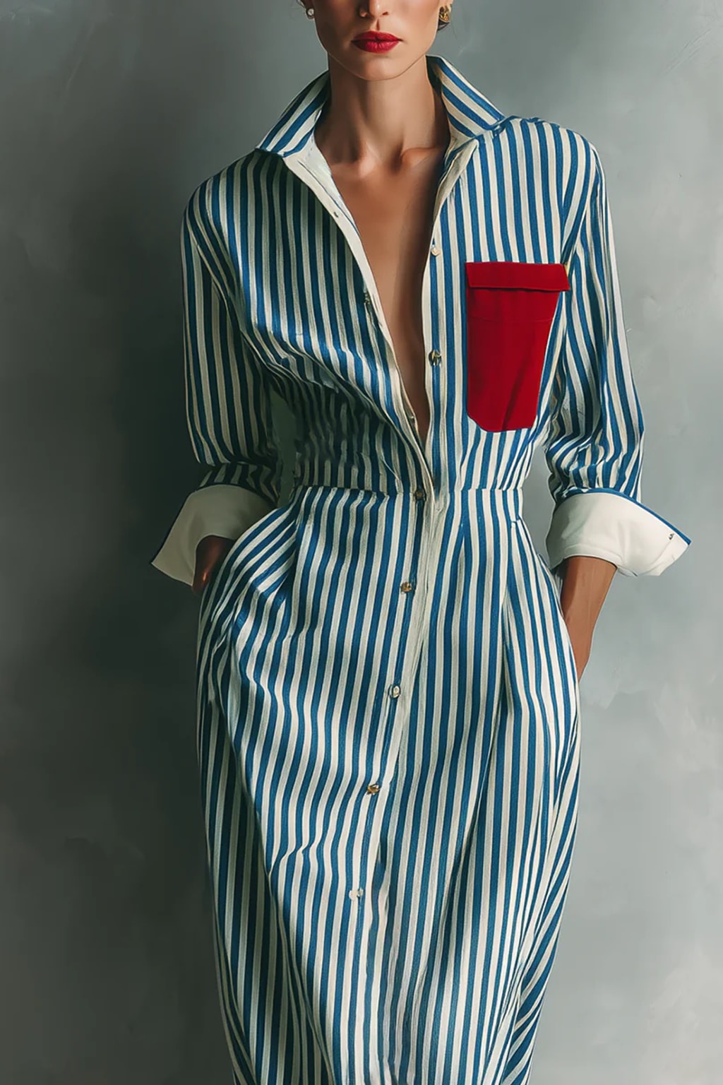 Cotton Blend Shirt Dress With Red Chest Pocket - 3