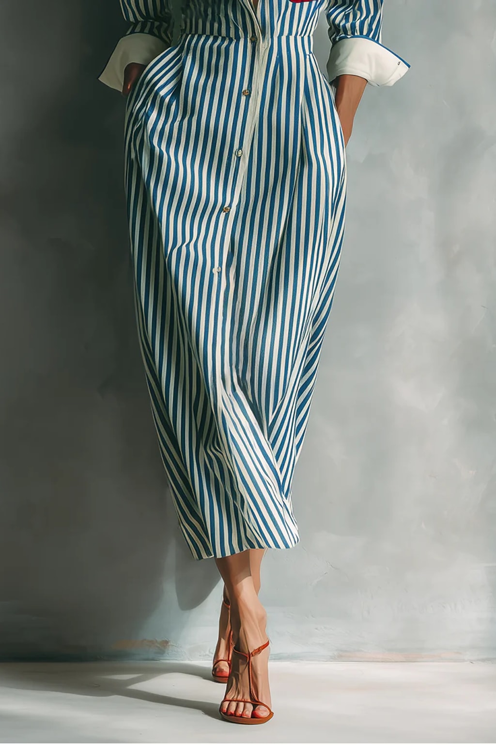 Cotton Blend Shirt Dress With Red Chest Pocket - 4
