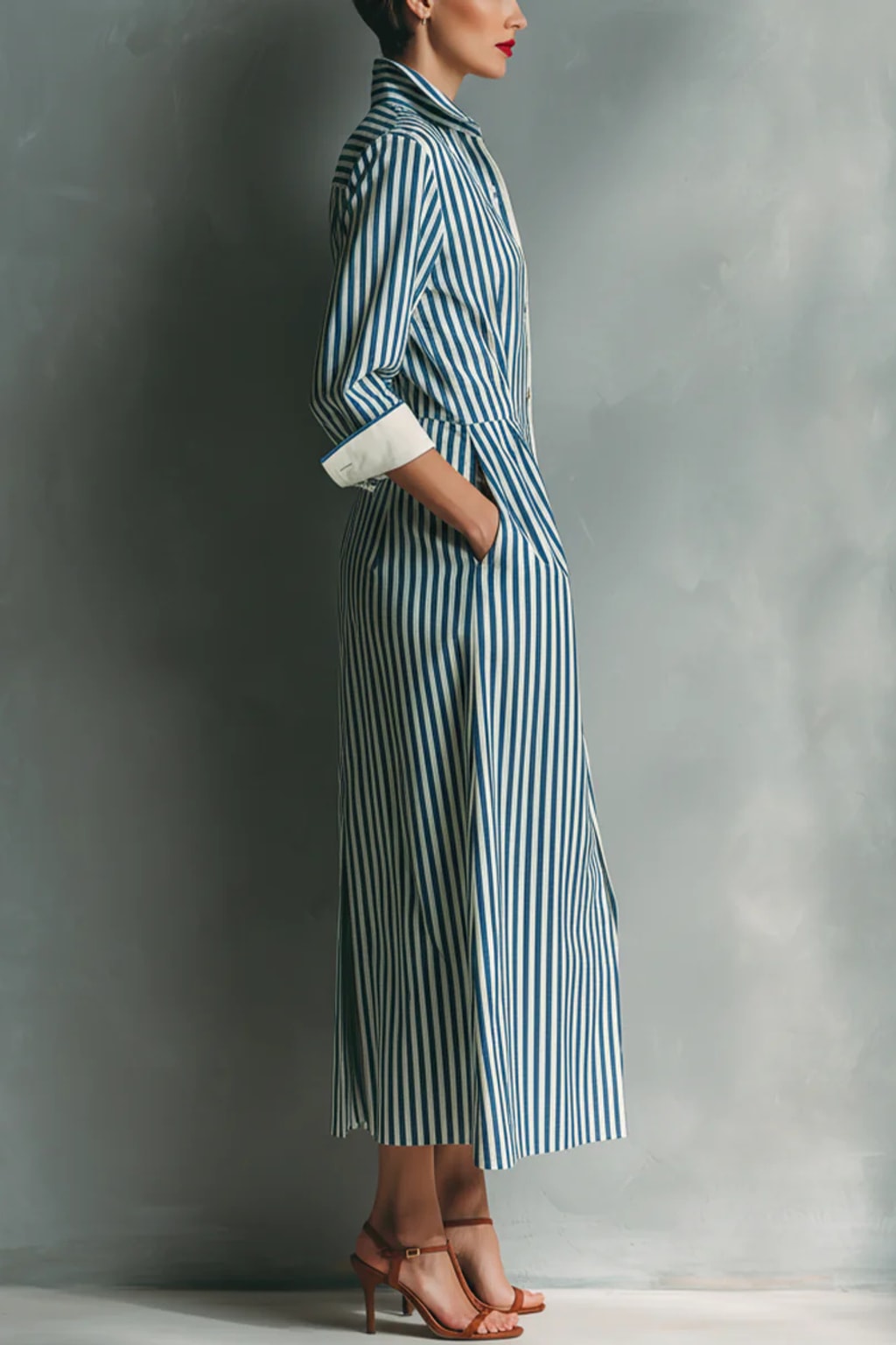 Cotton Blend Shirt Dress With Red Chest Pocket - 5