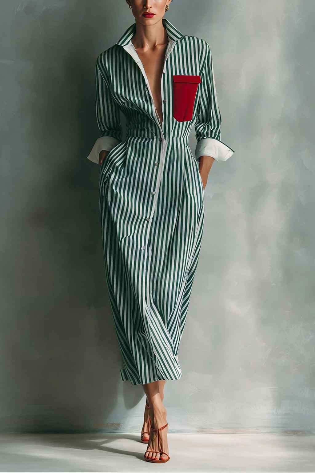 Cotton Blend Shirt Dress With Red Chest Pocket - 9