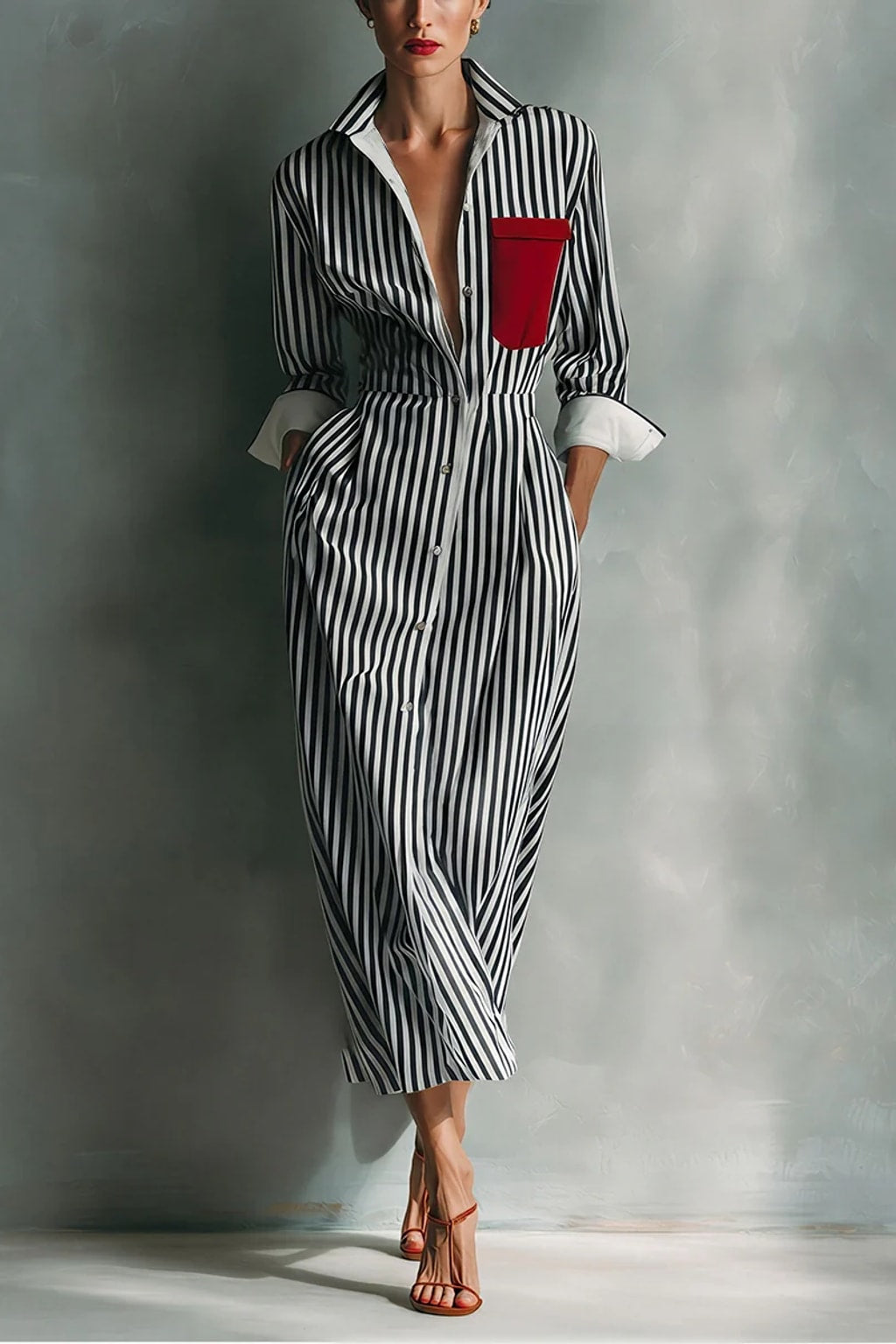Cotton Blend Shirt Dress With Red Chest Pocket - 8