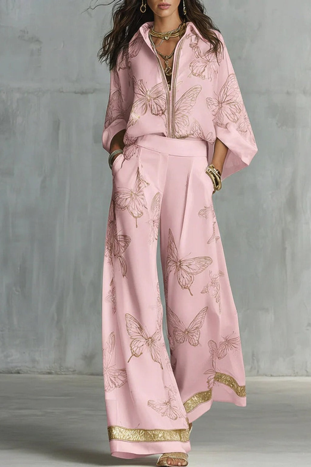 Cotton Pant Set with Gold Butterfly Print - 6
