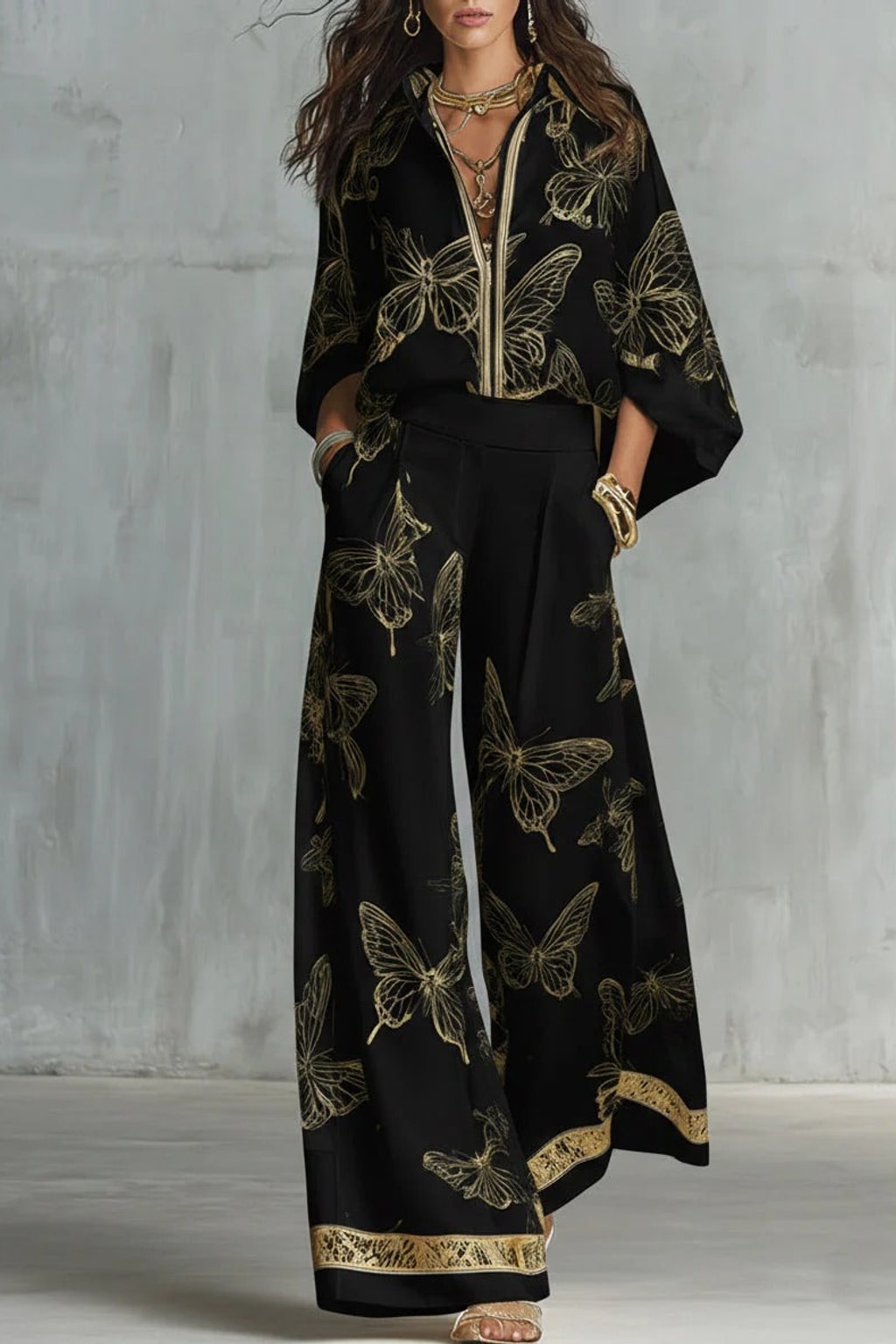 Cotton Pant Set with Gold Butterfly Print - 7