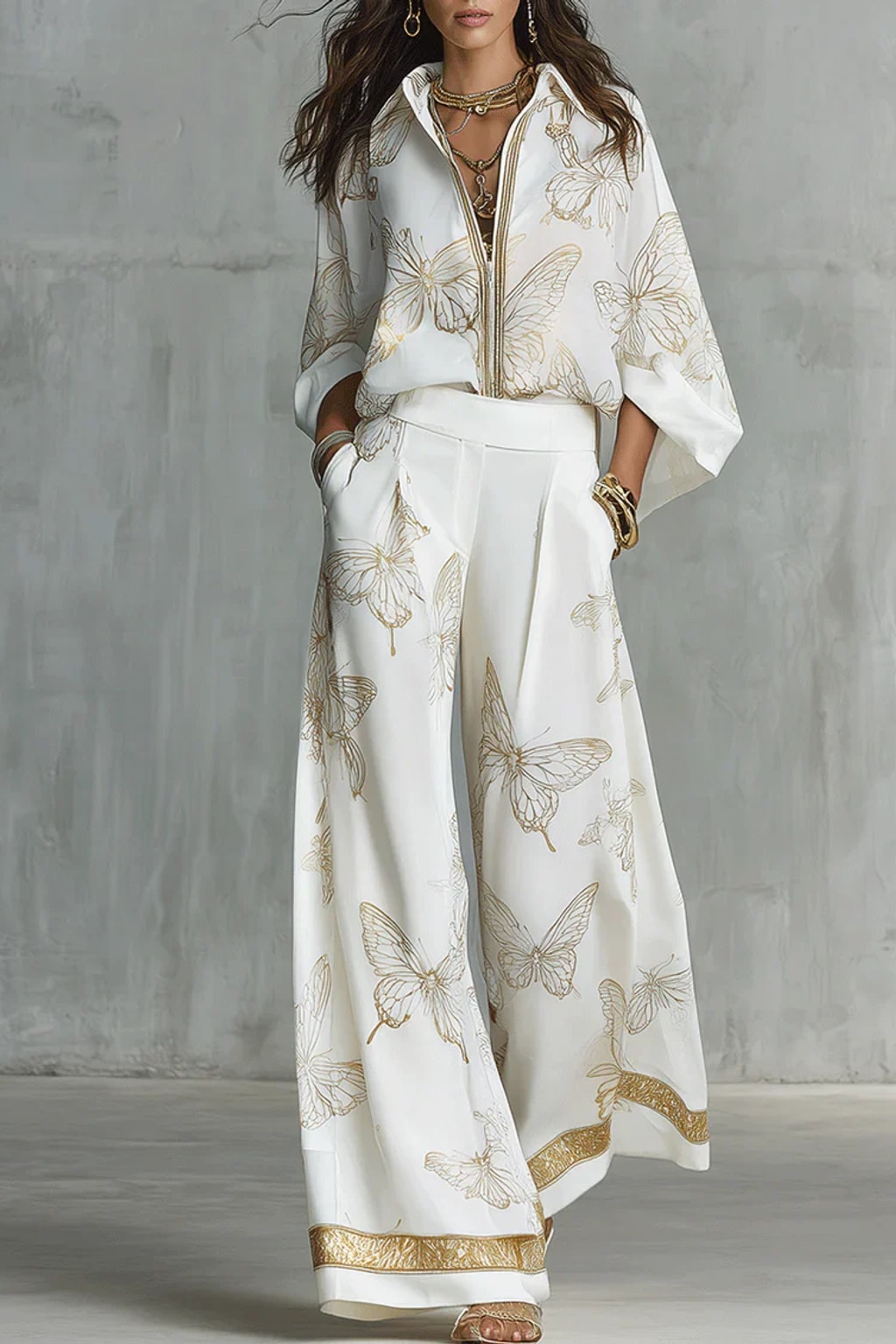 Cotton Pant Set with Gold Butterfly Print - 2