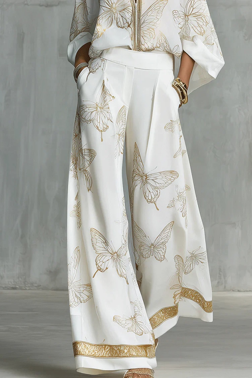 Cotton Pant Set with Gold Butterfly Print - 4