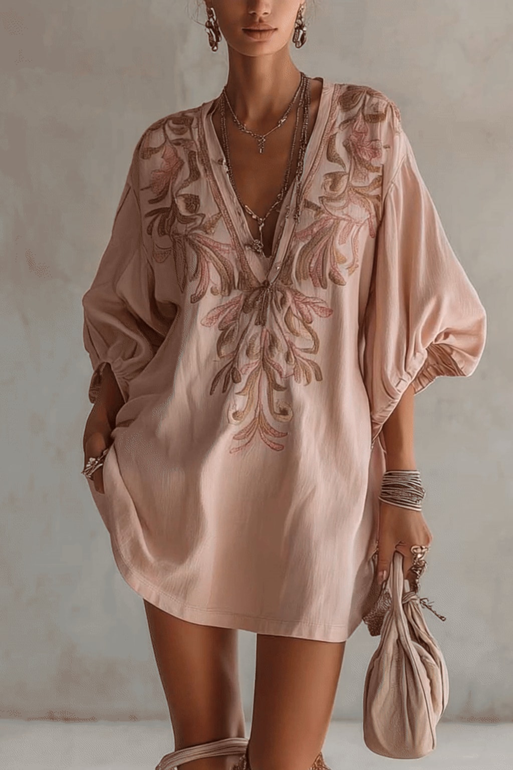 Linen Mini Dress with Floral Embroidery Detail - 3