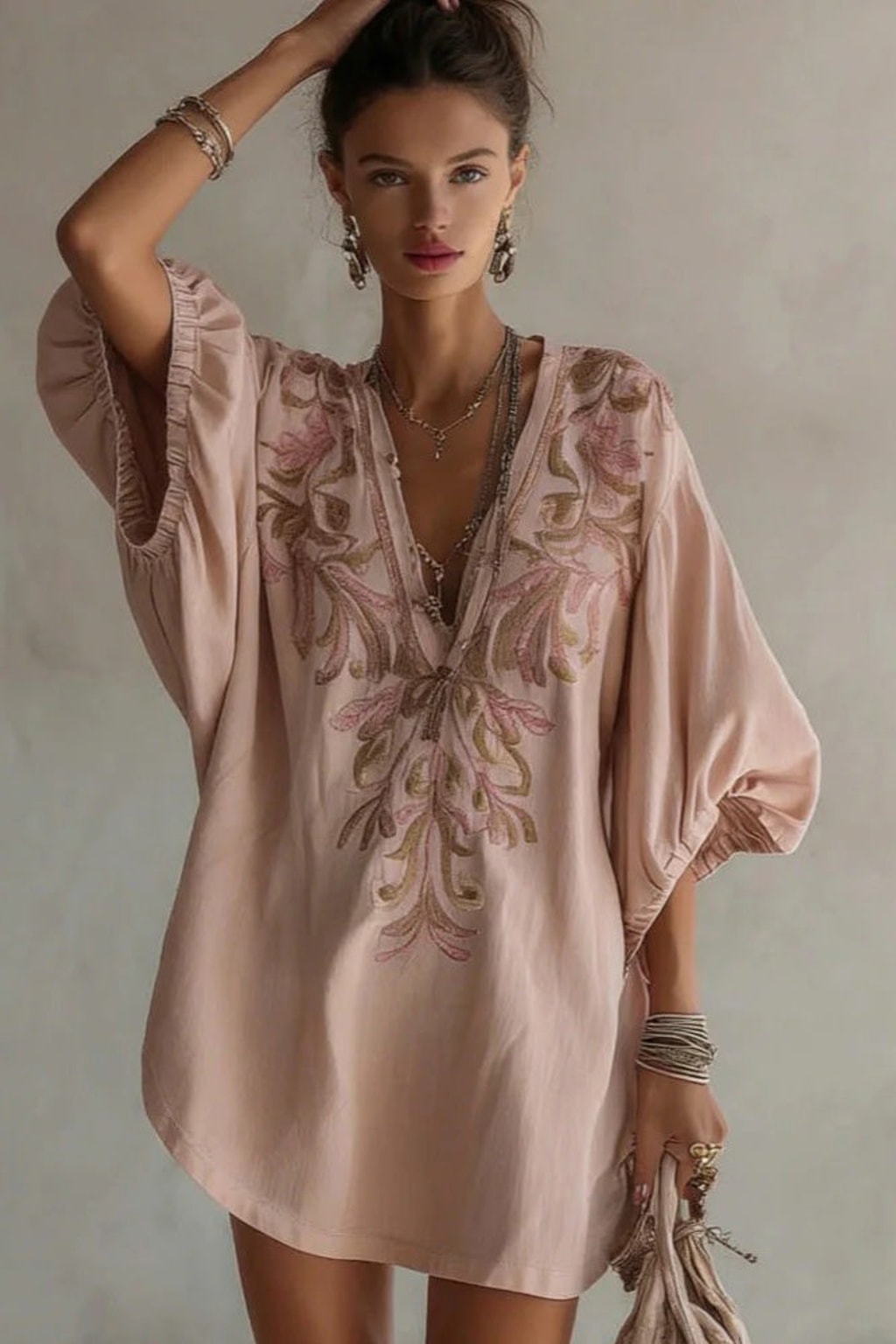 Linen Mini Dress with Floral Embroidery Detail - 2