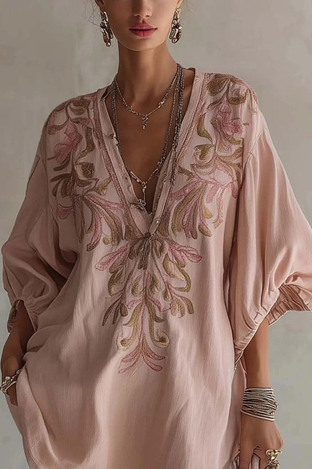 Linen Mini Dress with Floral Embroidery Detail - 6