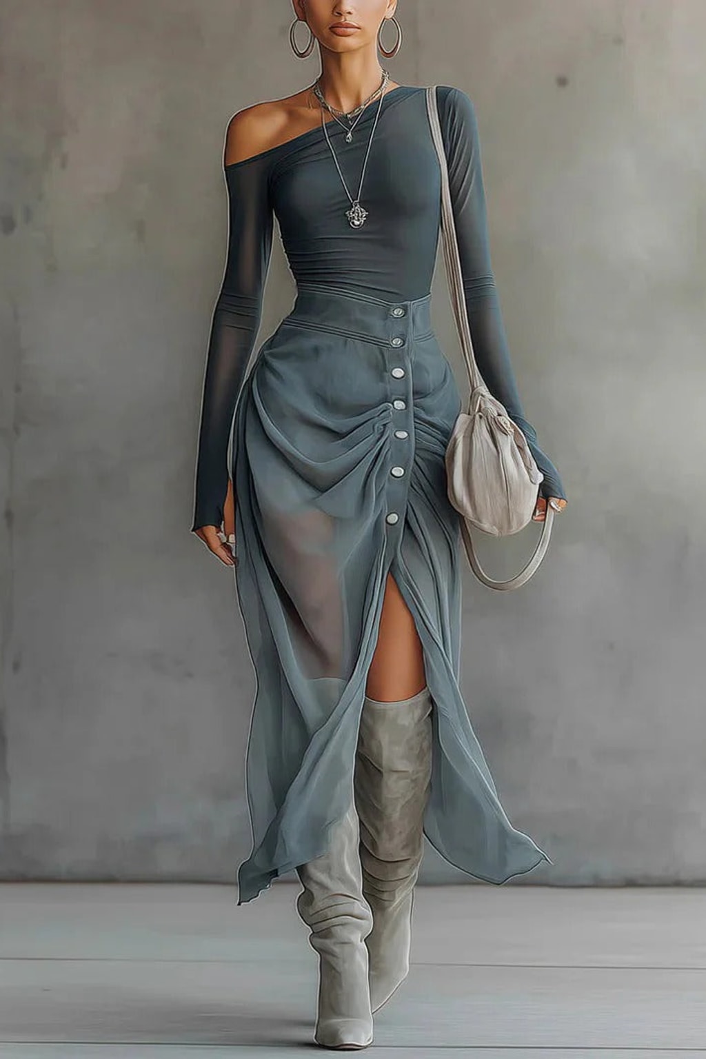 Sheer Blue Asymmetric Mesh Top & Skirt Set - 2
