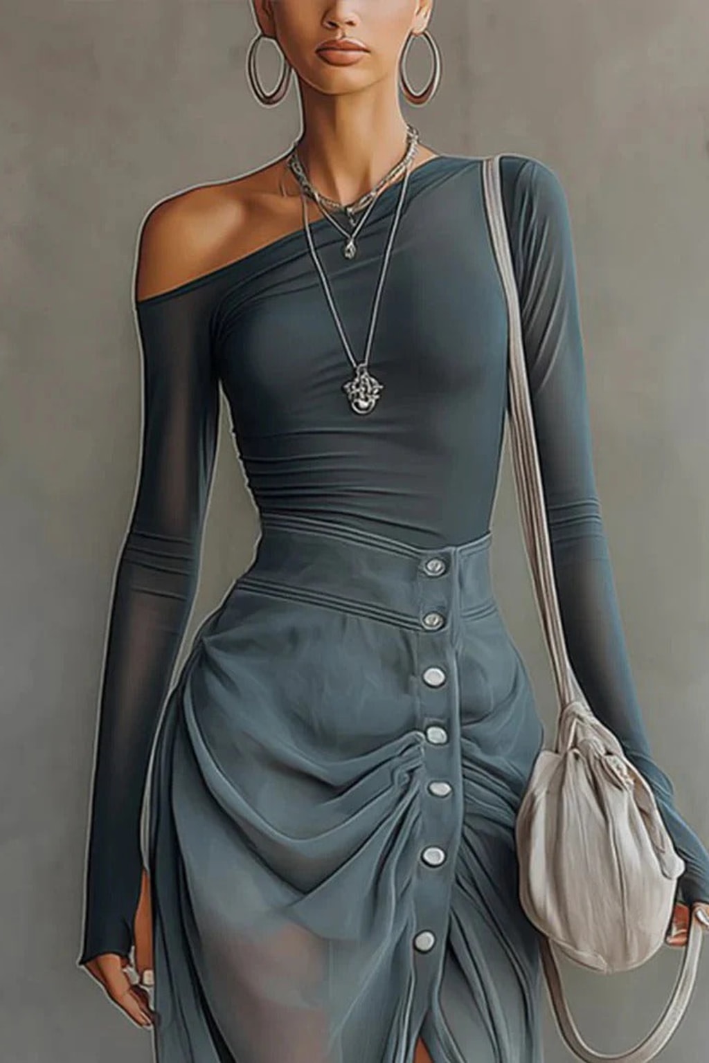 Sheer Blue Asymmetric Mesh Top & Skirt Set - 3
