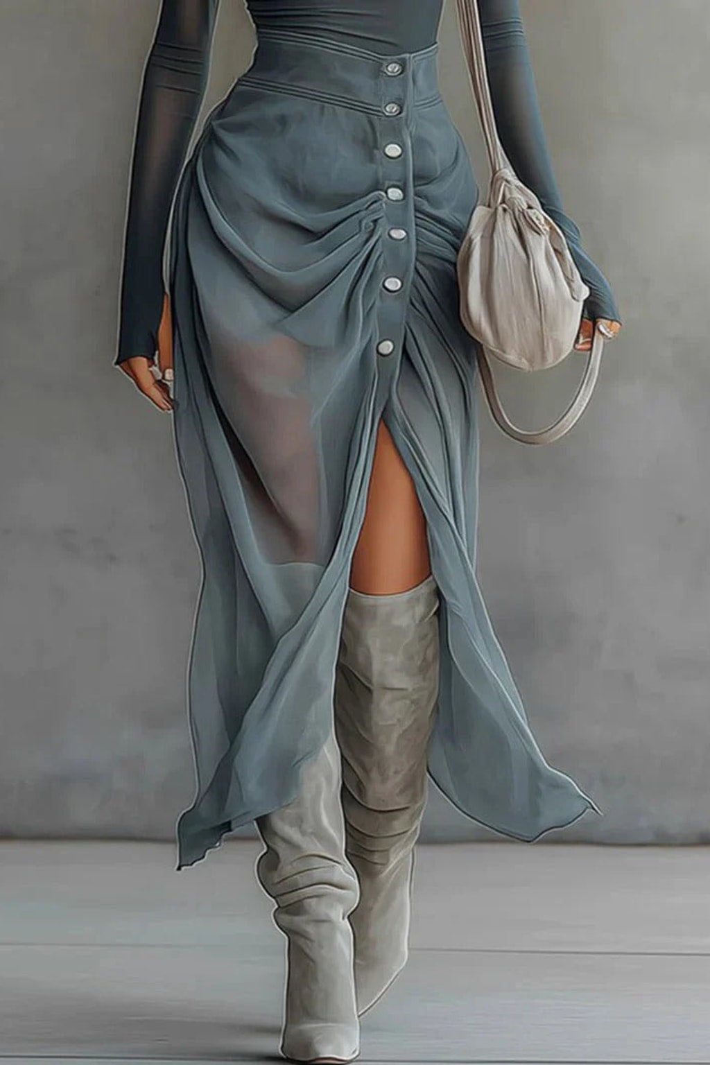 Sheer Blue Asymmetric Mesh Top & Skirt Set - 4