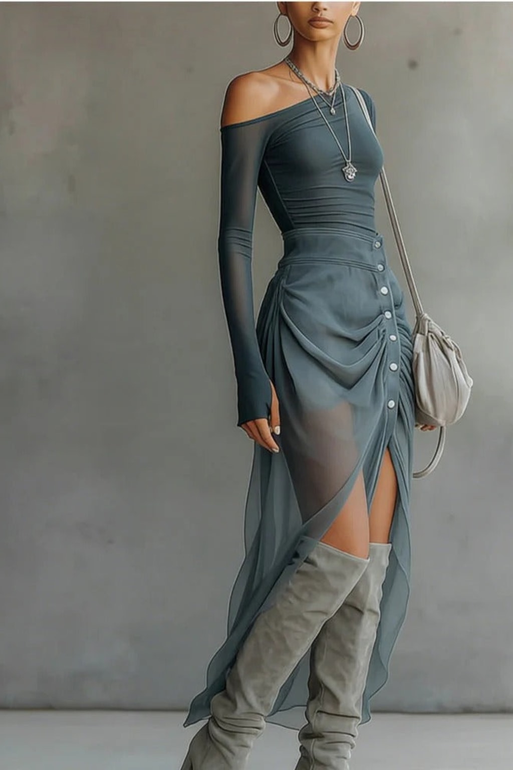 Sheer Blue Asymmetric Mesh Top & Skirt Set - 8