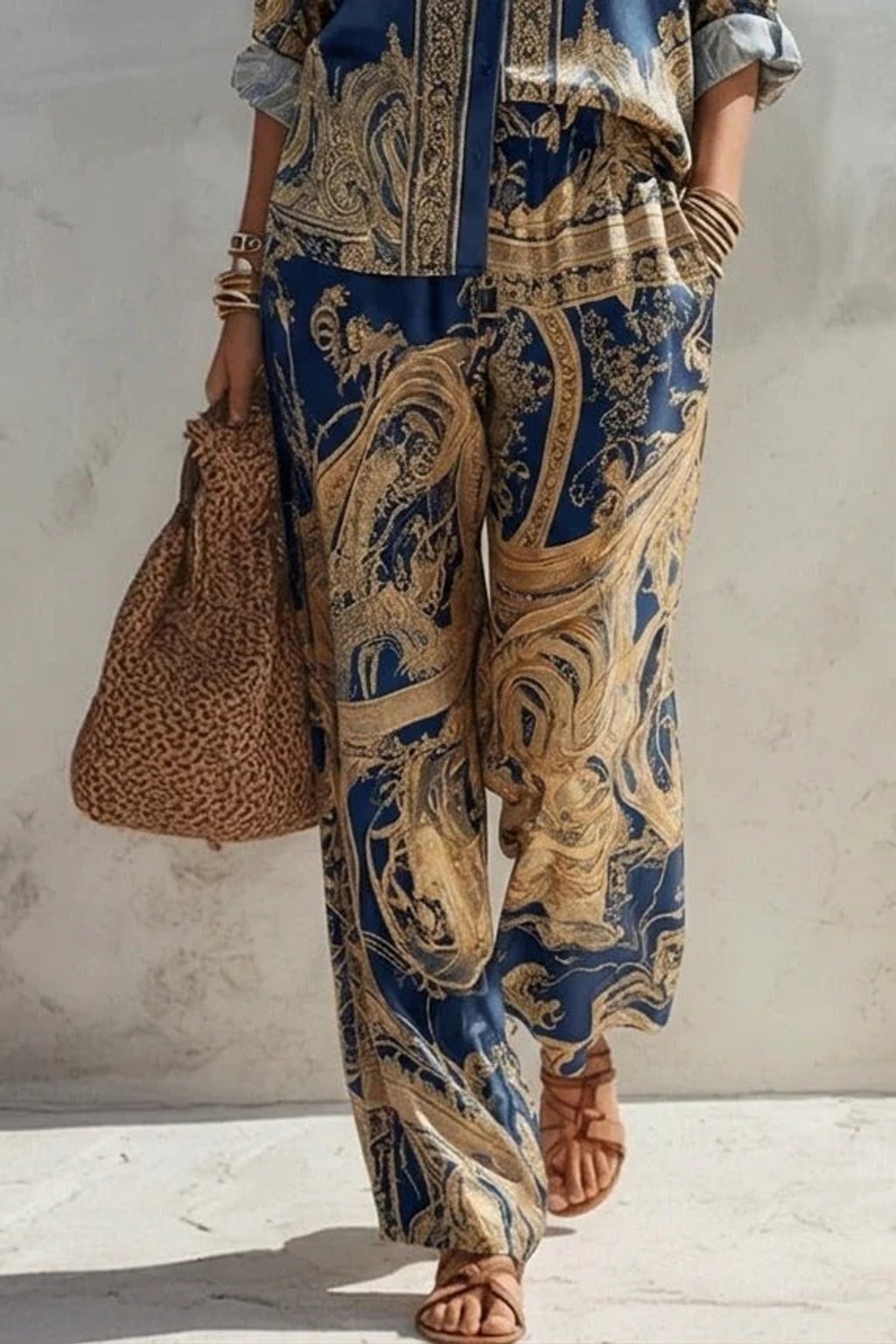 Navy Cotton Pant Set with Baroque Print - 3