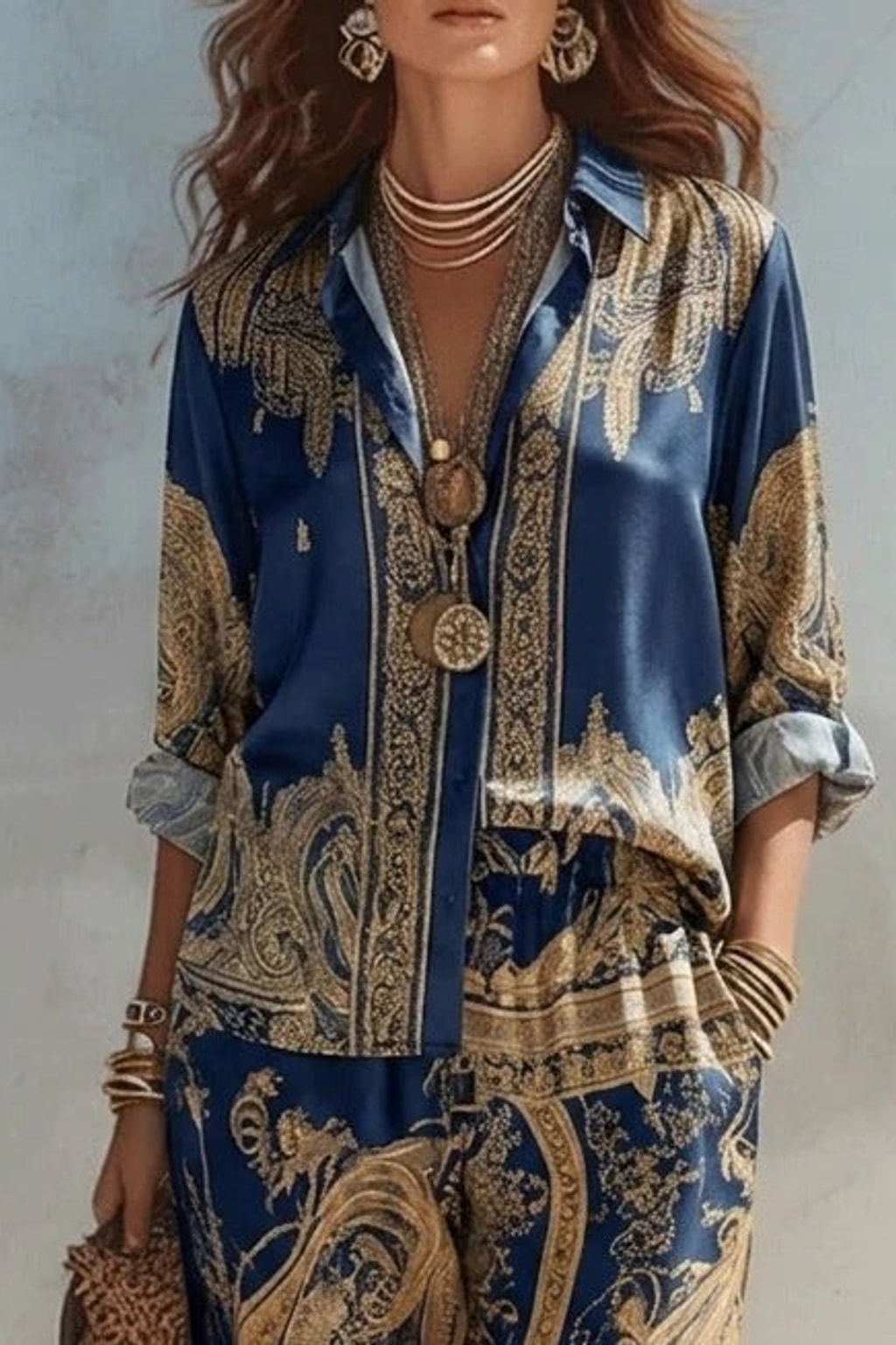 Navy Cotton Pant Set with Baroque Print - 4