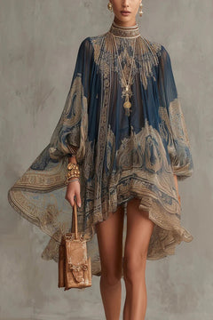 Chiffon Mini Dress with High Neck and Flounce Sleeves - 2