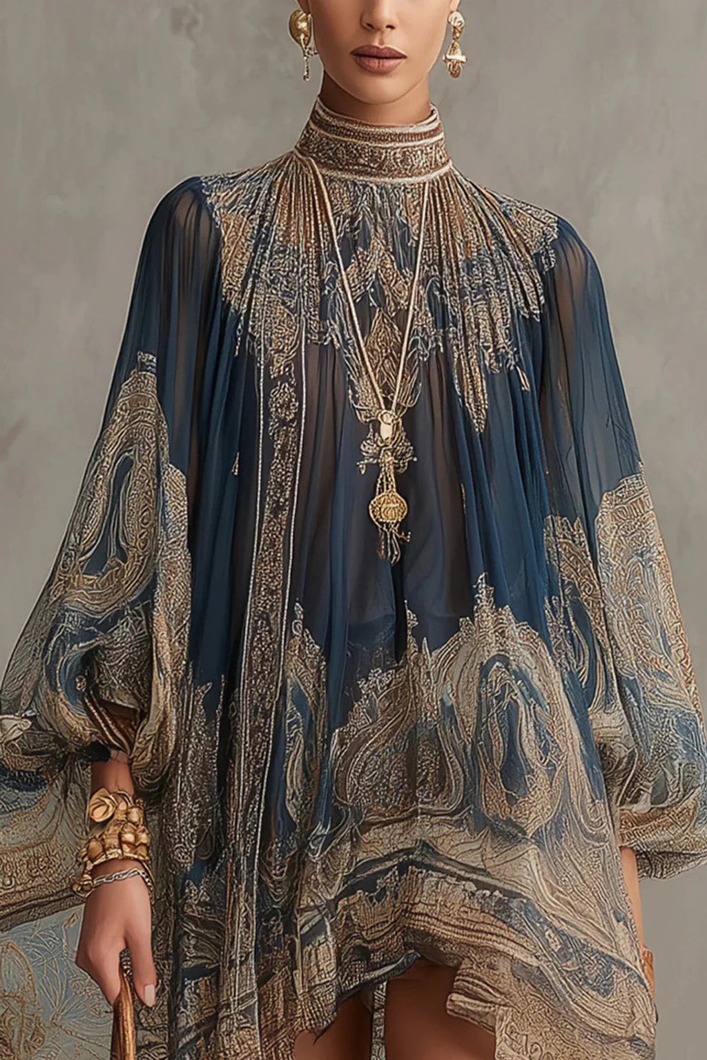 Chiffon Mini Dress with High Neck and Flounce Sleeves - 5