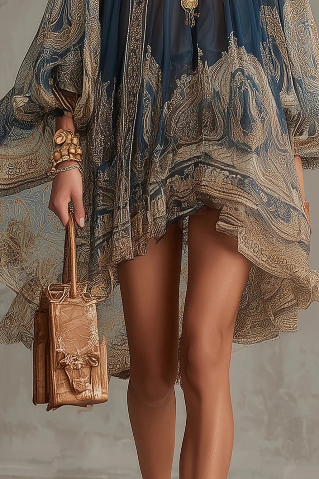 Chiffon Mini Dress with High Neck and Flounce Sleeves - 6