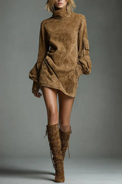 Suede Mini Dress with Loose Turtleneck Fit - 2
