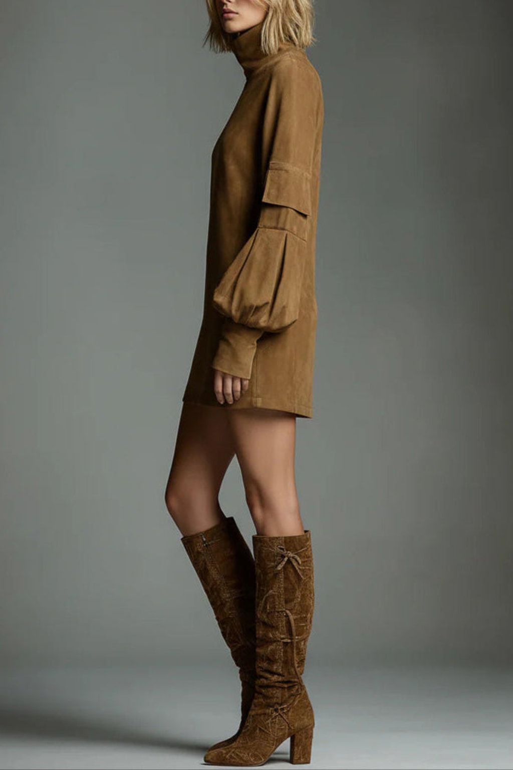 Suede Mini Dress with Loose Turtleneck Fit - 3
