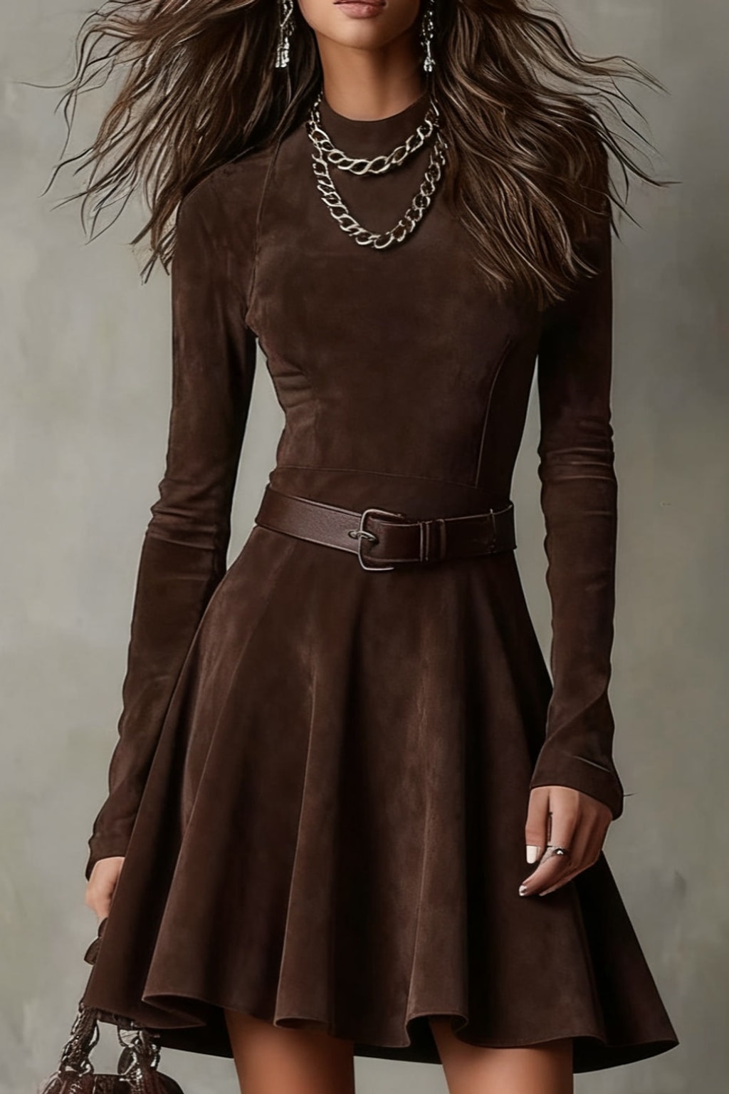 Suede Mini Dress with Turtleneck and Vintage Style - 5