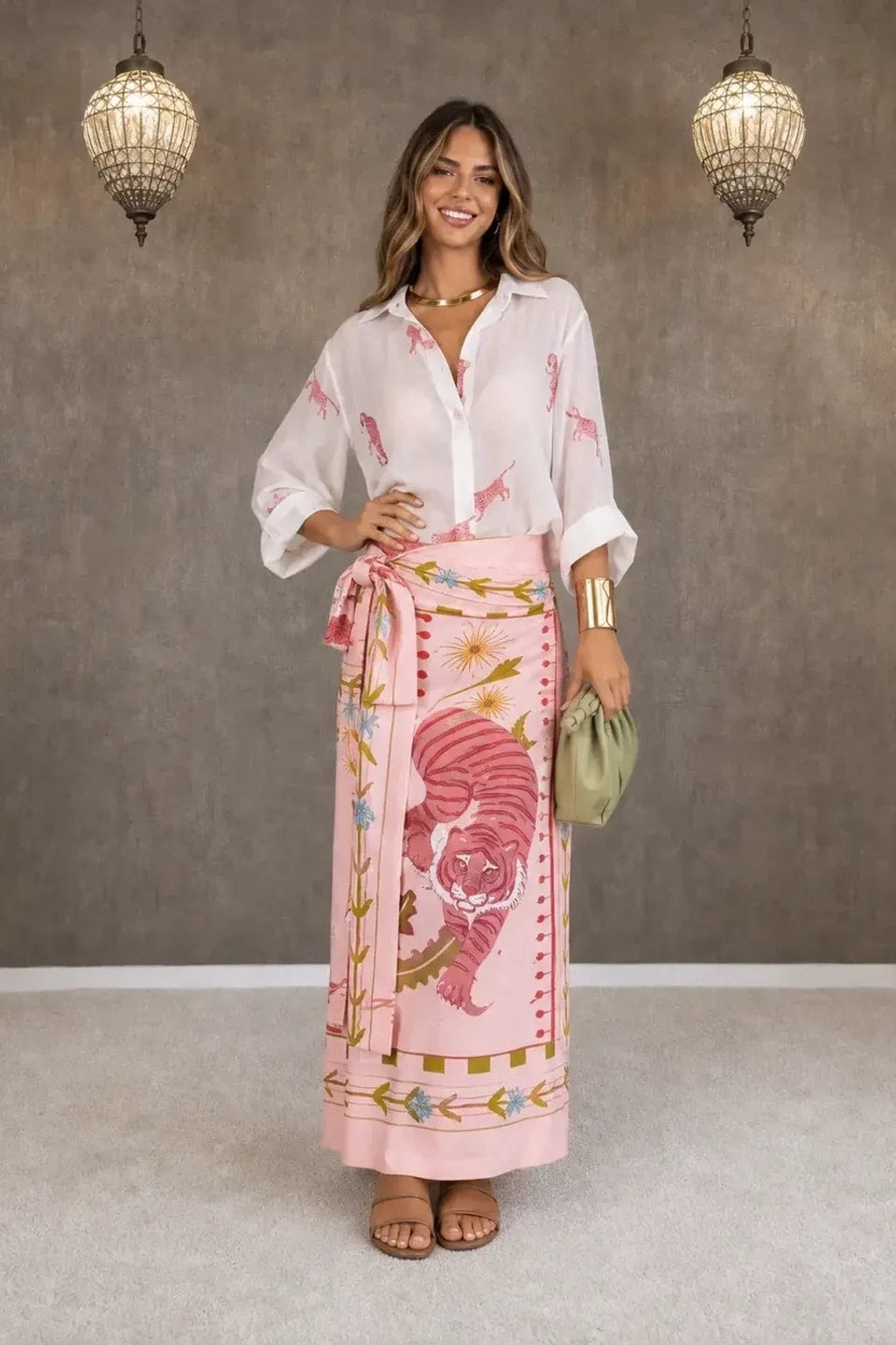 Printed Two-Piece Shirt And Wrap Skirt Set - 2