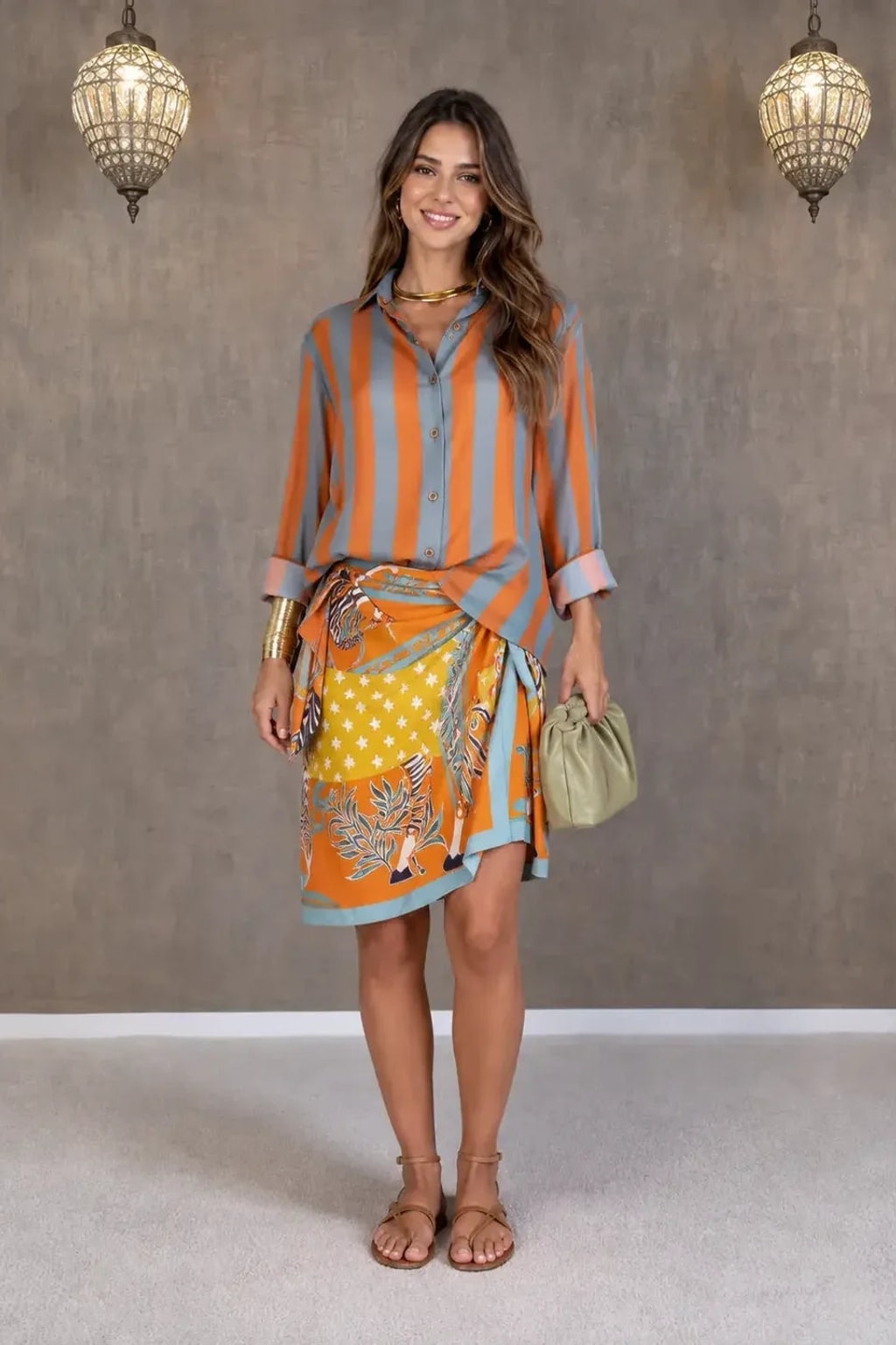 Printed Two-Piece Shirt And Wrap Skirt Set - 4