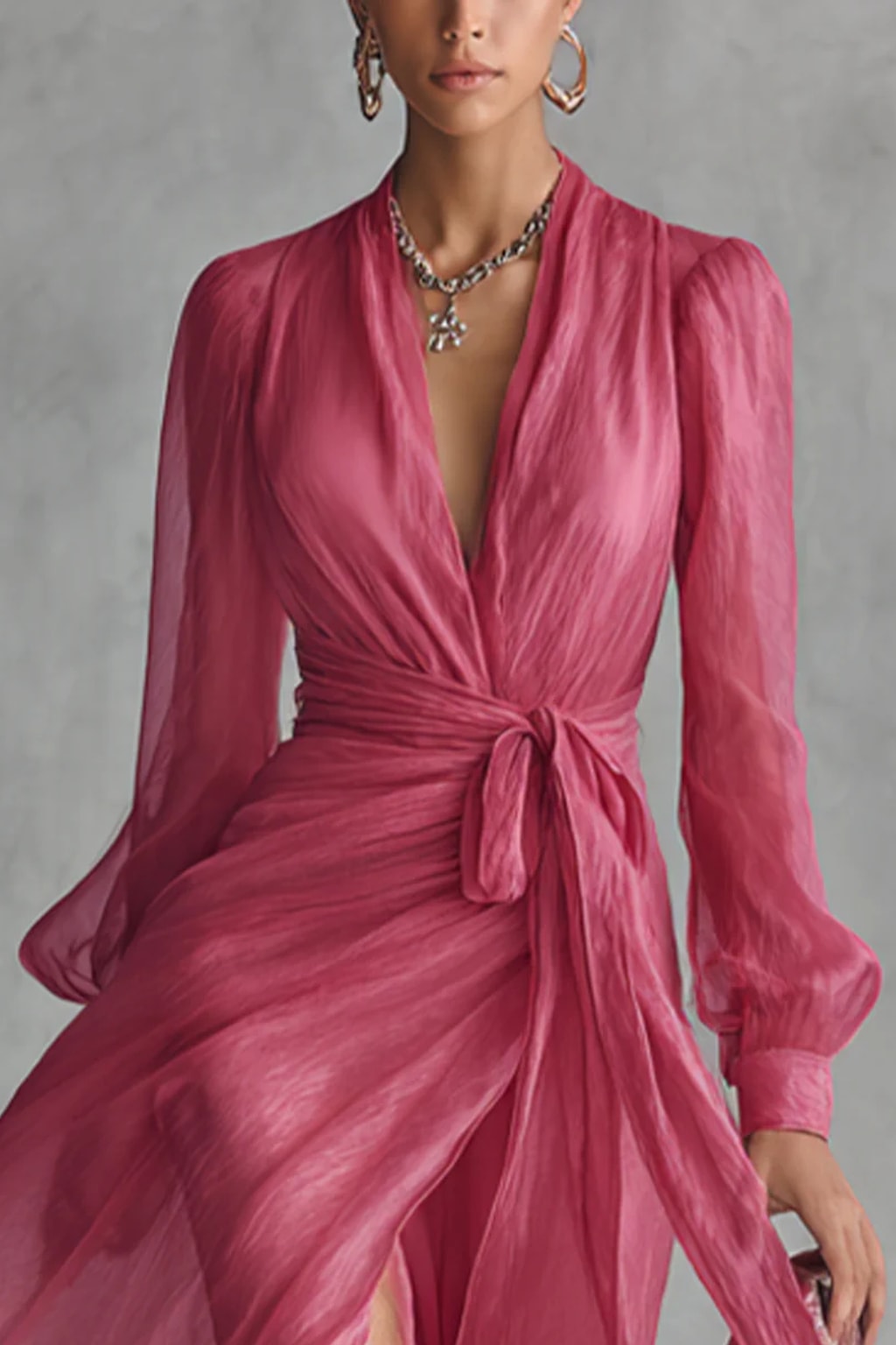 Chiffon Maxi Dress with V-Neck and Tie Waist - 3