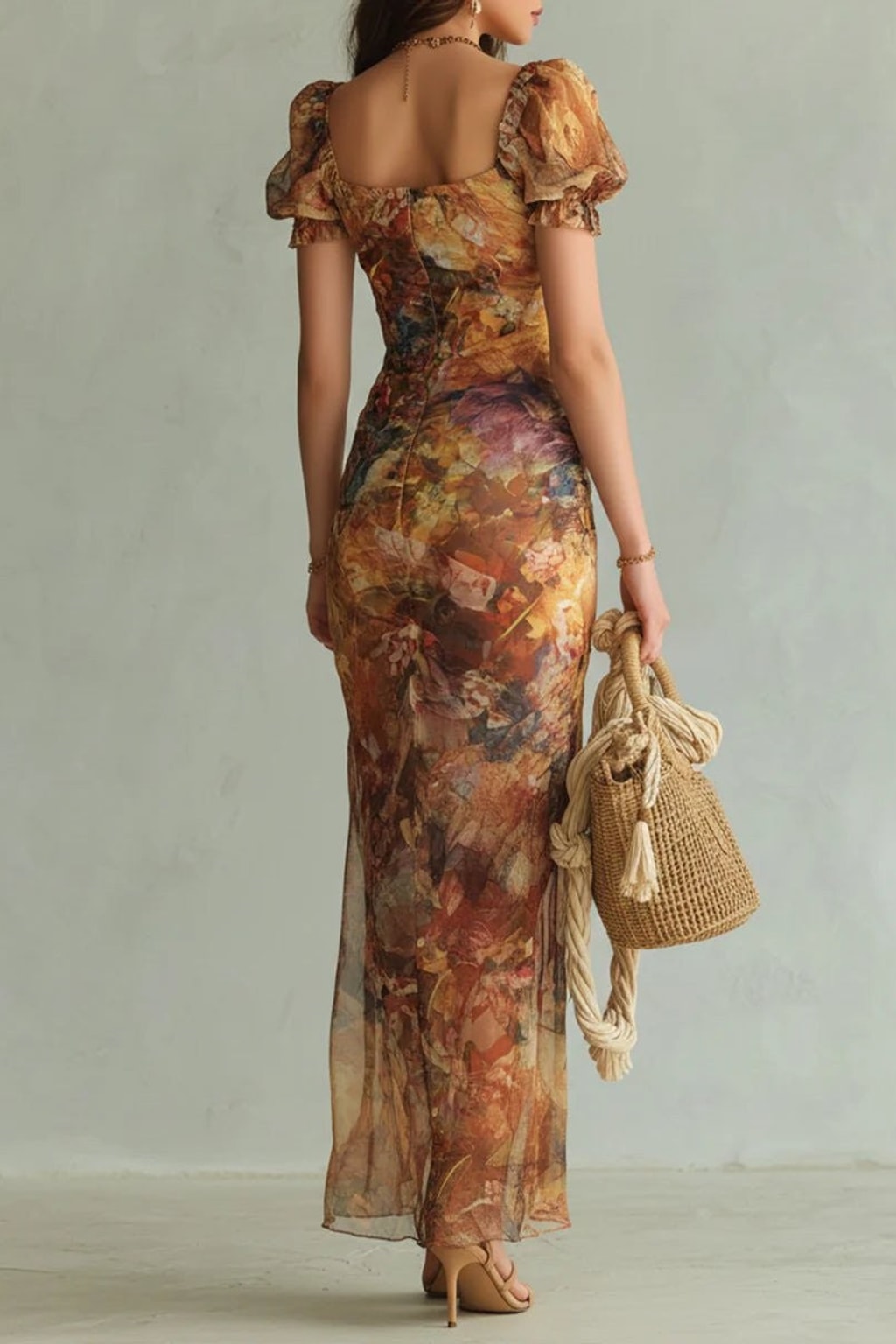 Orange Ruffle Maxi Dress With Puff Sleeves - 3