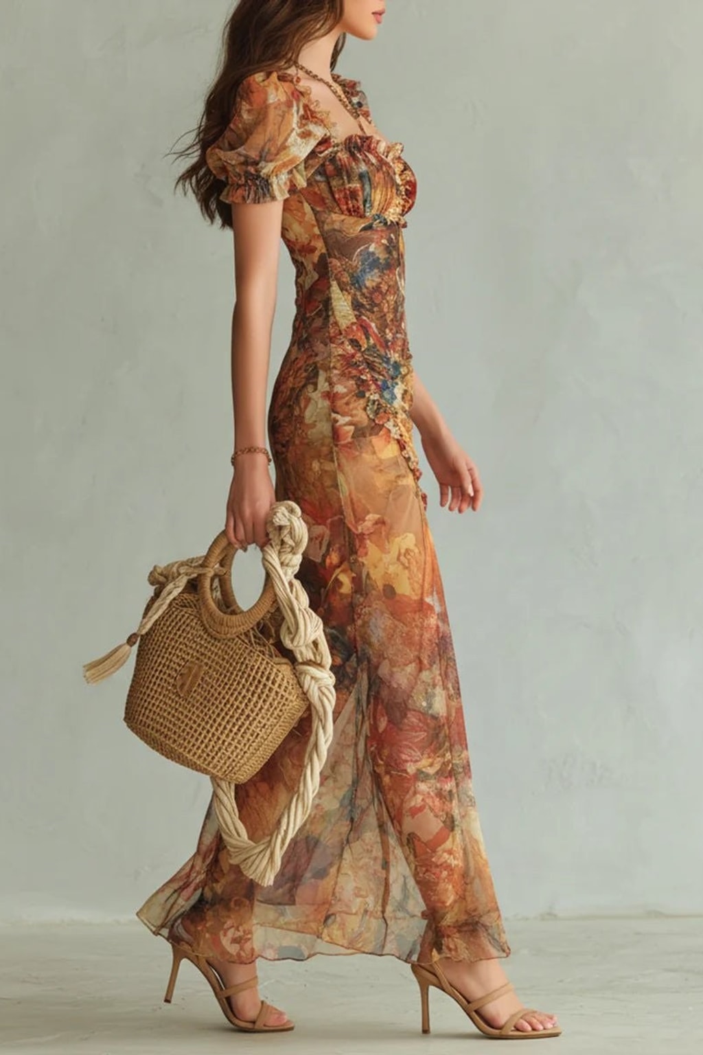Orange Ruffle Maxi Dress With Puff Sleeves - 4