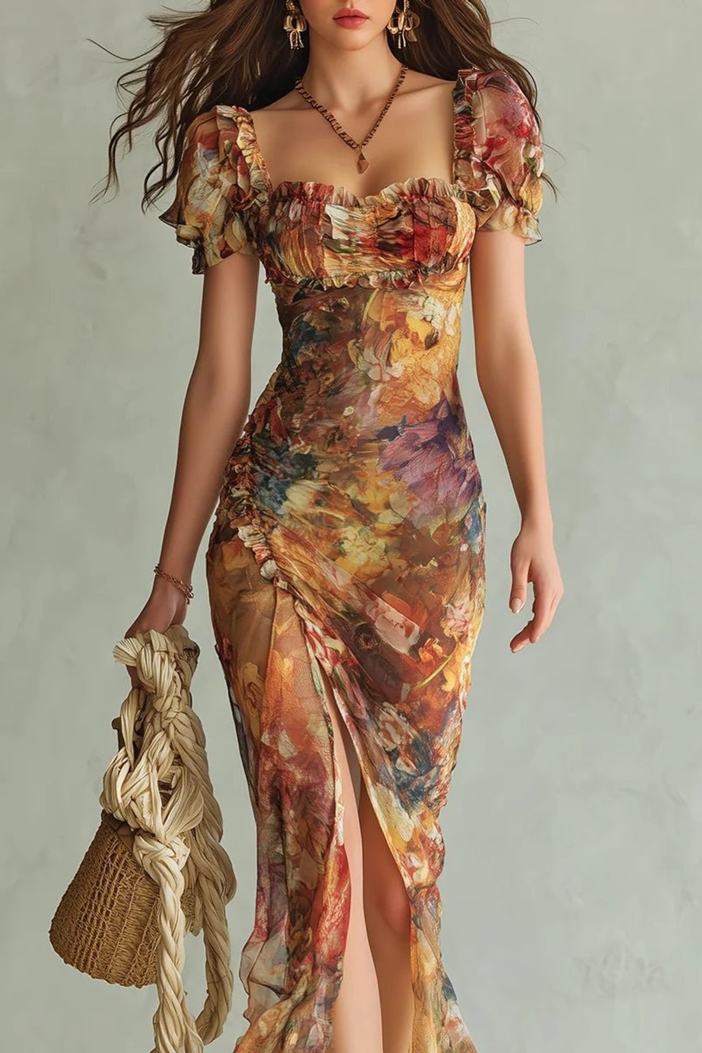 Orange Ruffle Maxi Dress With Puff Sleeves - 5