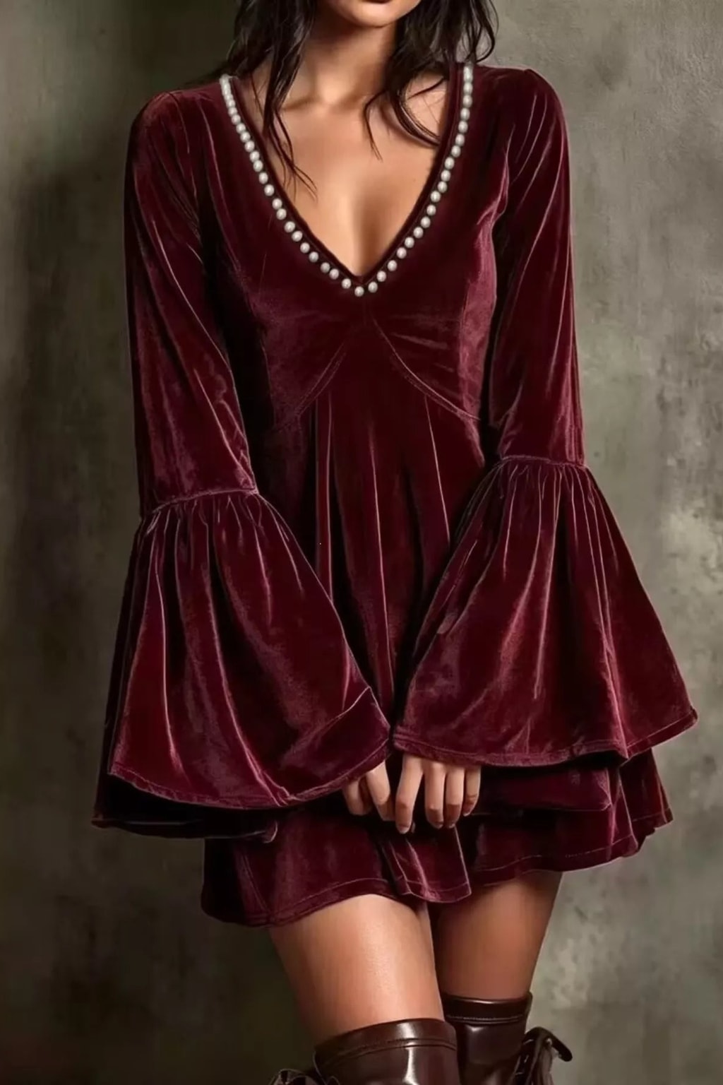 Polyester Mini Dress With Pearl-Embellished V-Neck - 2