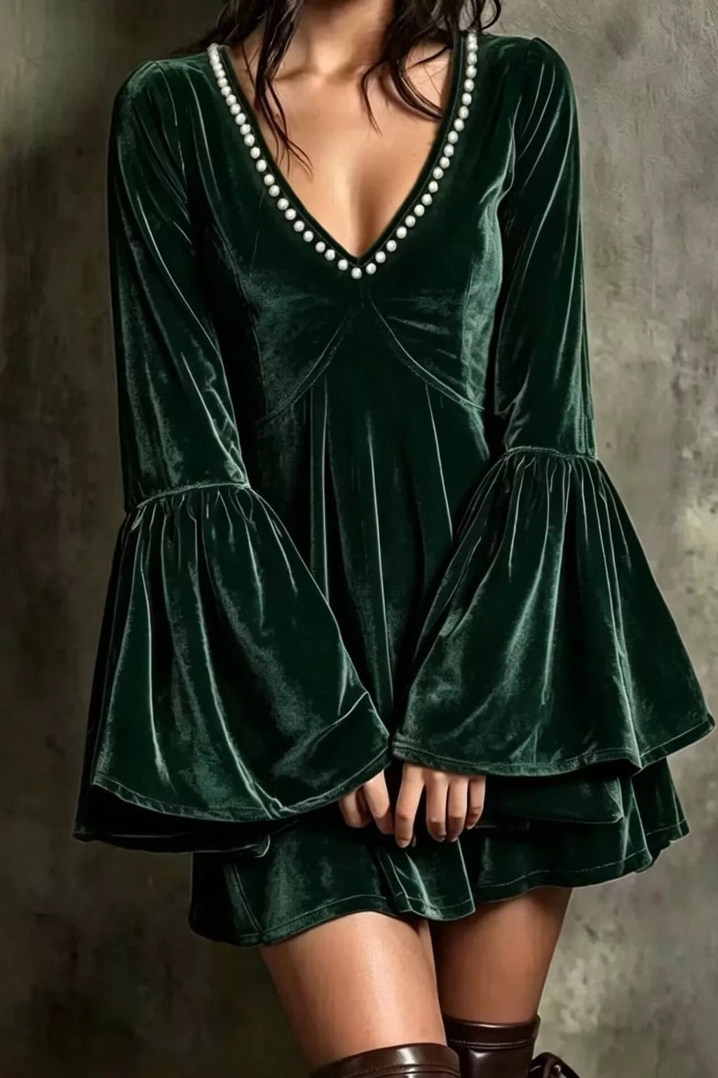 Polyester Mini Dress With Pearl-Embellished V-Neck - 4